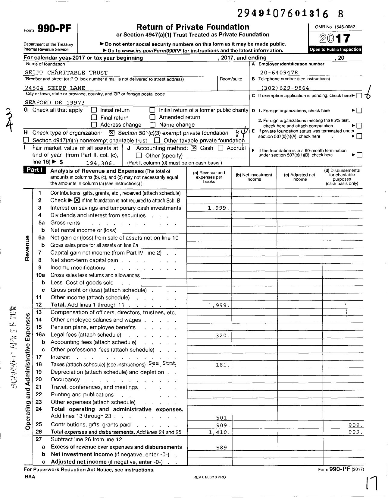 Image of first page of 2017 Form 990PF for Seipp Charitable Trust
