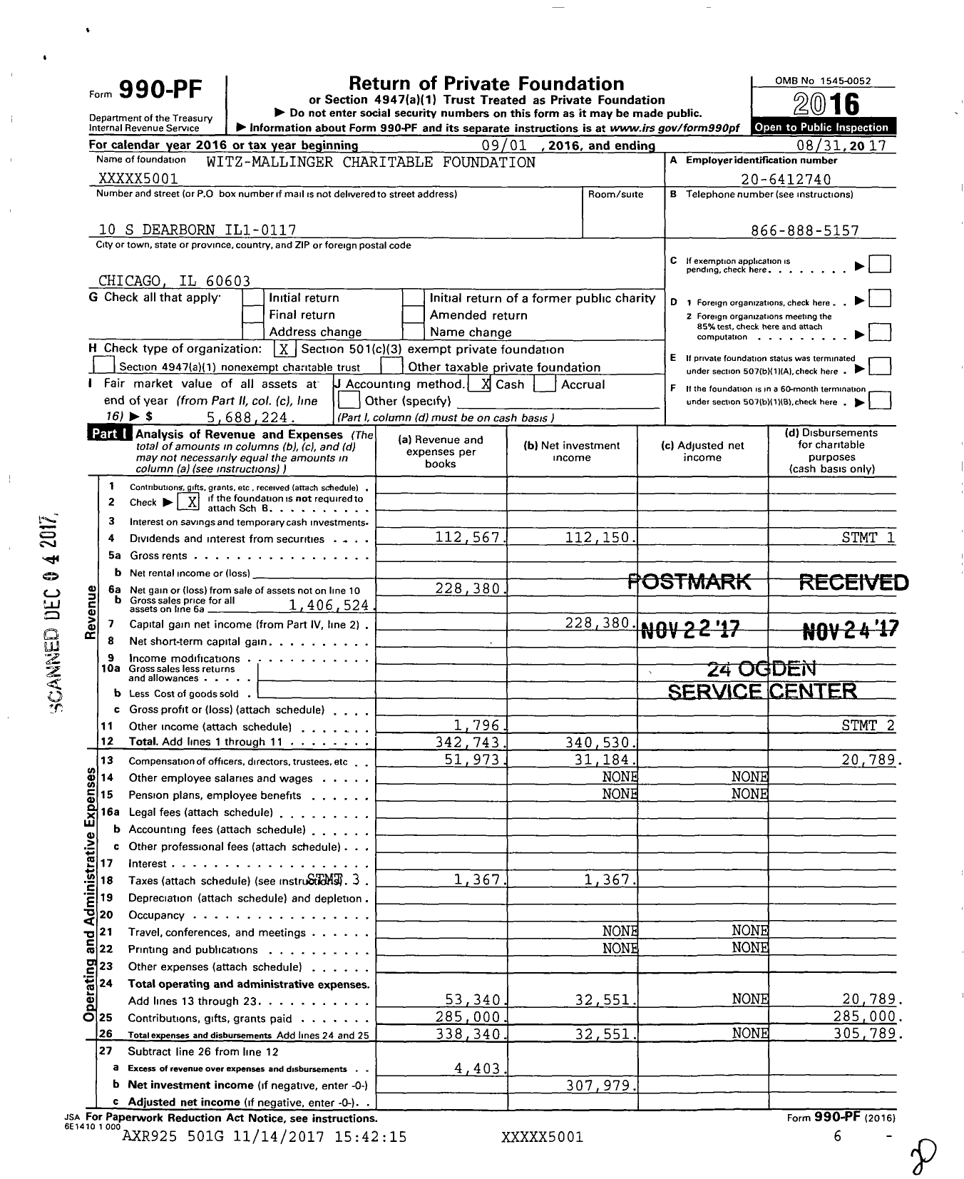 Image of first page of 2016 Form 990PF for Witz-Mallinger Charitable Foundation