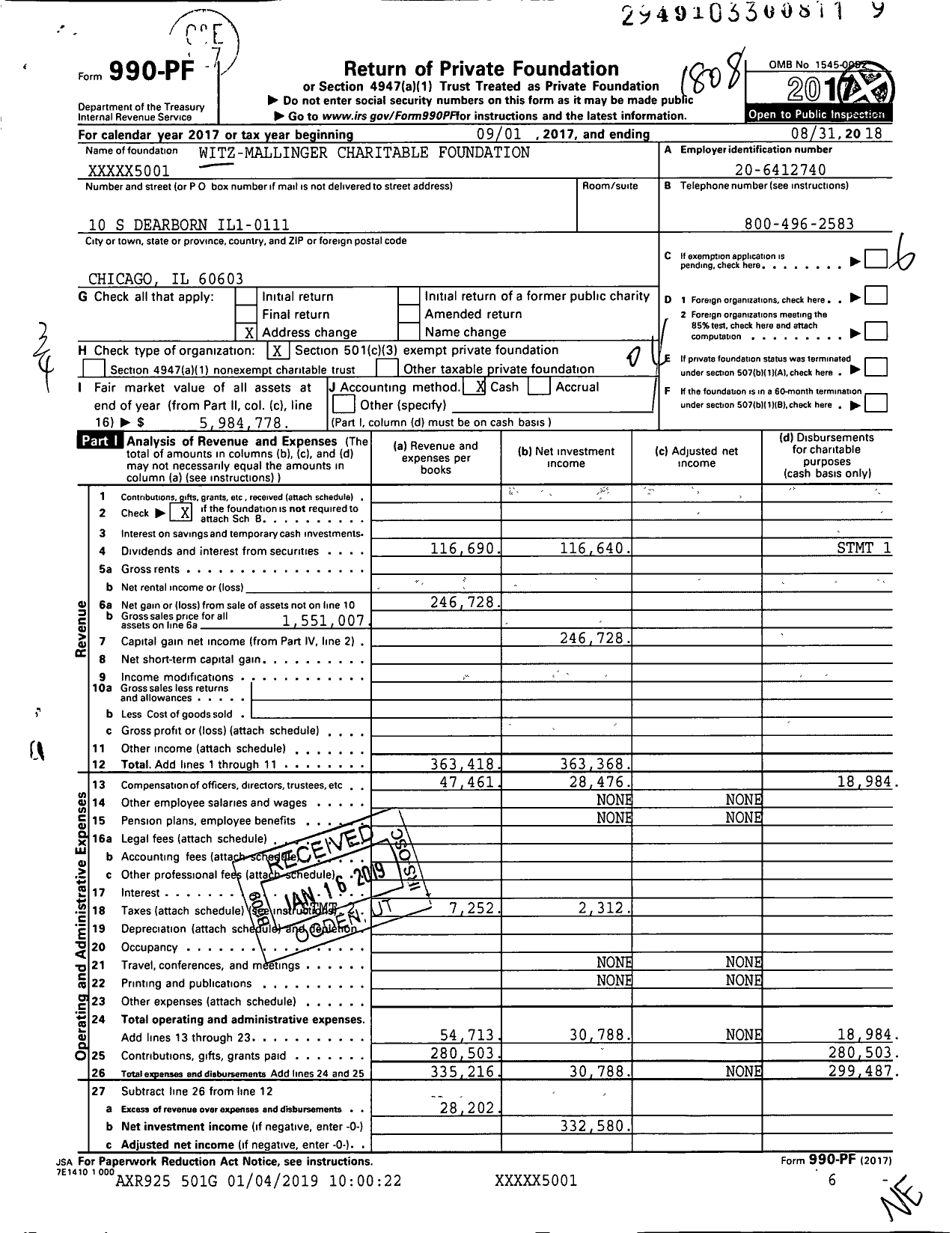 Image of first page of 2017 Form 990PF for Witz-Mallinger Charitable Foundation