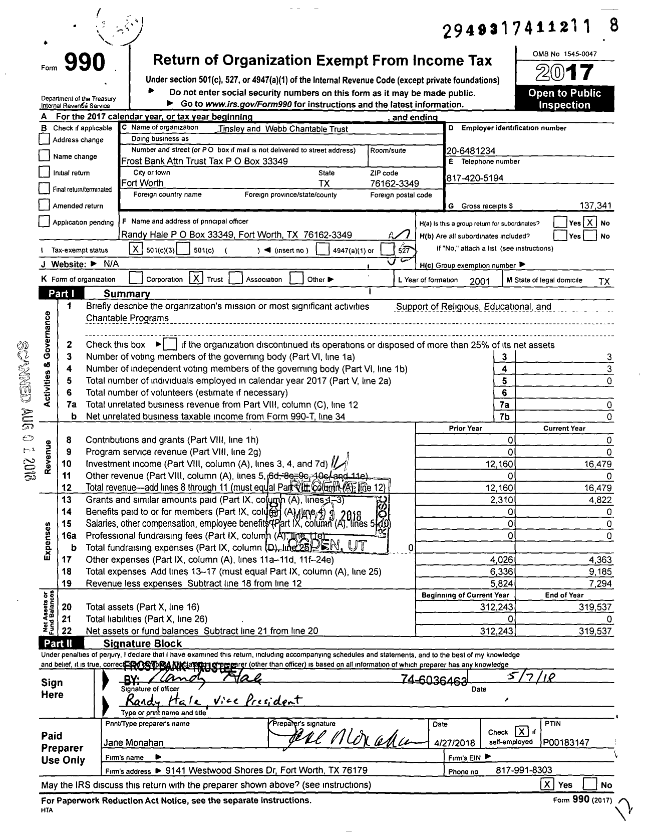 Image of first page of 2017 Form 990 for Tinsleywebb Charitable Fund WB169
