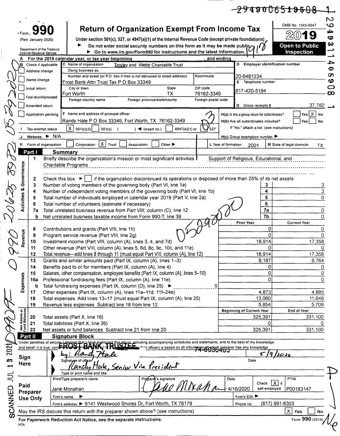 Image of first page of 2019 Form 990 for Tinsleywebb Charitable Fund WB169