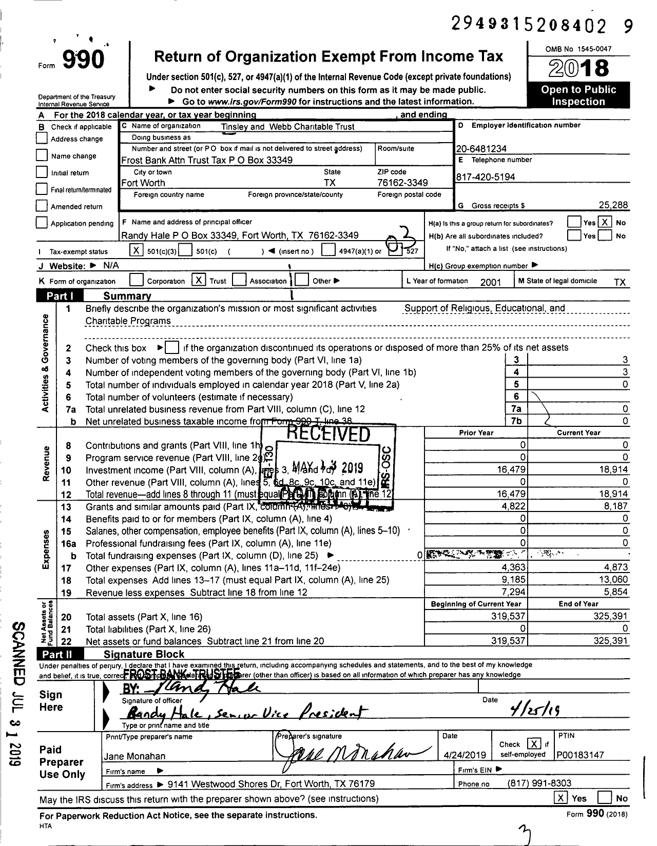 Image of first page of 2018 Form 990 for Tinsleywebb Charitable Fund WB169