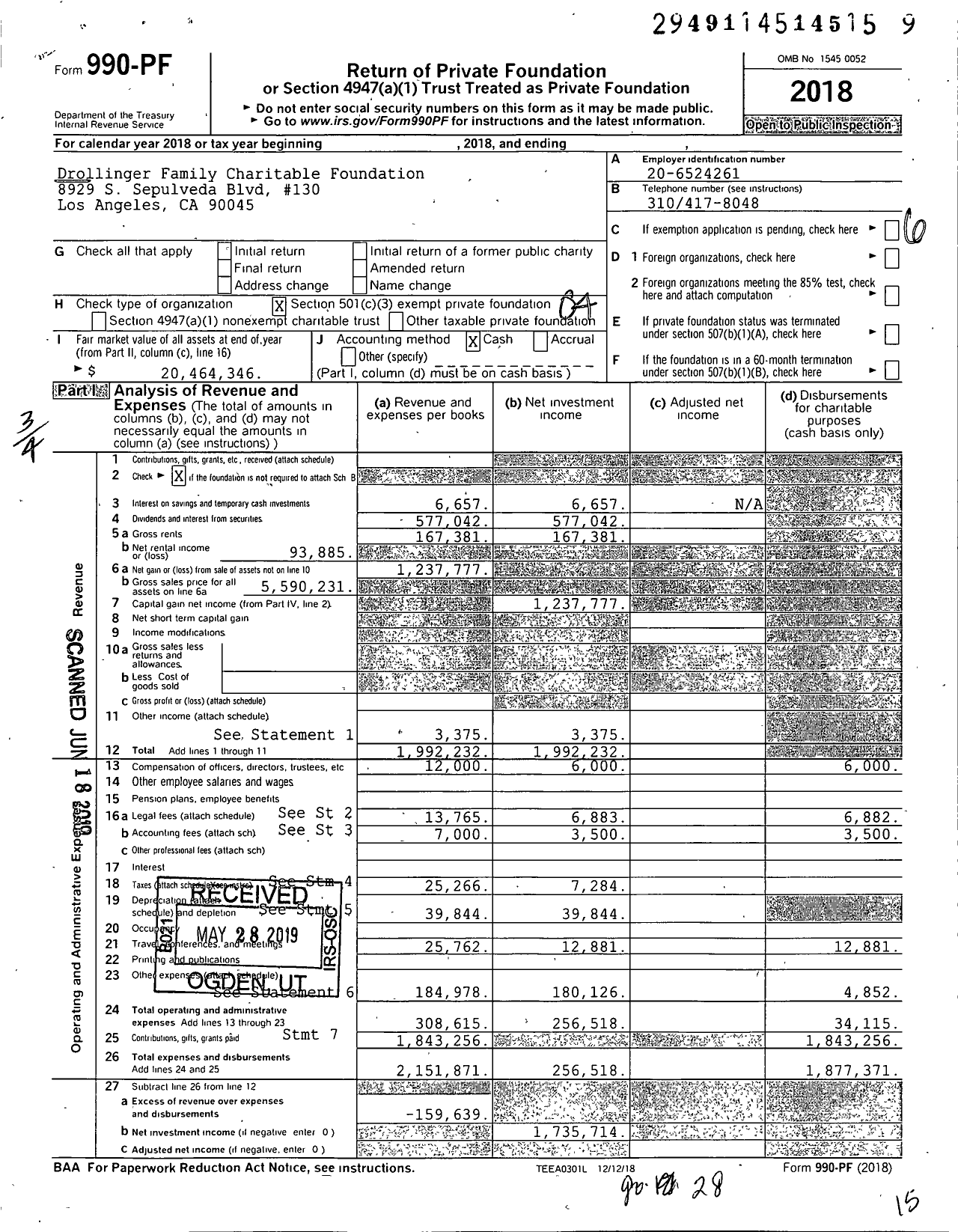 Image of first page of 2018 Form 990PF for Drollinger Family Charitable Foundation