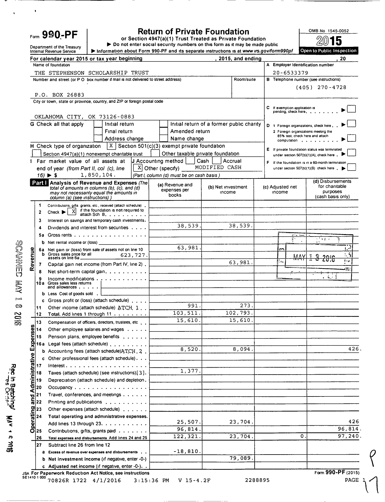 Image of first page of 2015 Form 990PF for The Stephenson Scholarship Trust