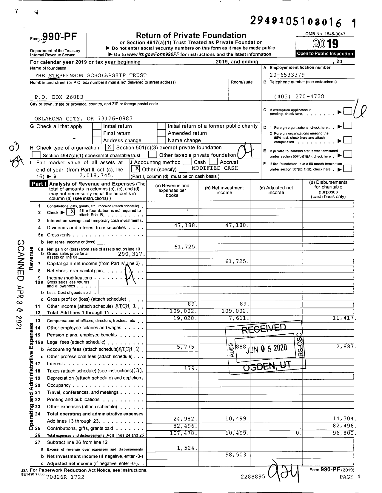 Image of first page of 2019 Form 990PF for The Stephenson Scholarship Trust