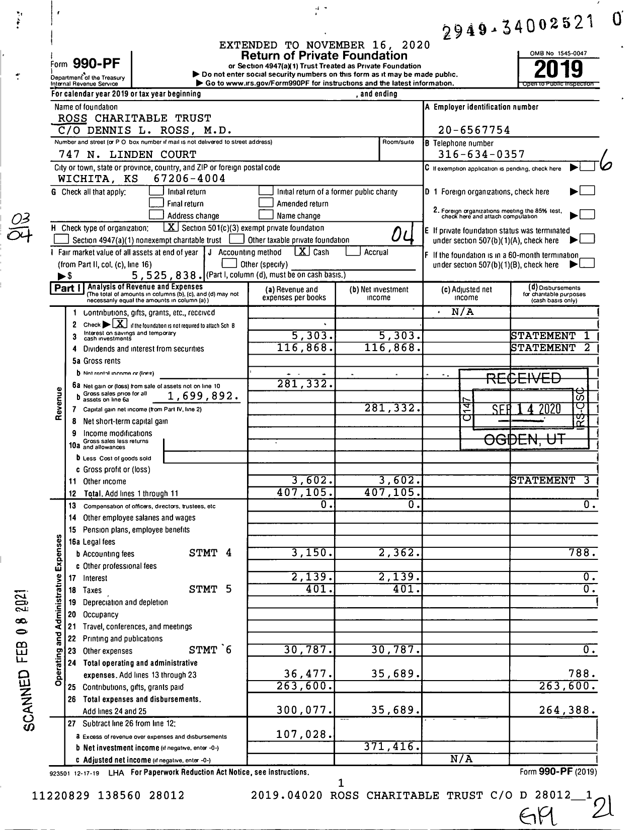 Image of first page of 2019 Form 990PF for Ross Charitable Trust / Ross Dennis L MD Ttee