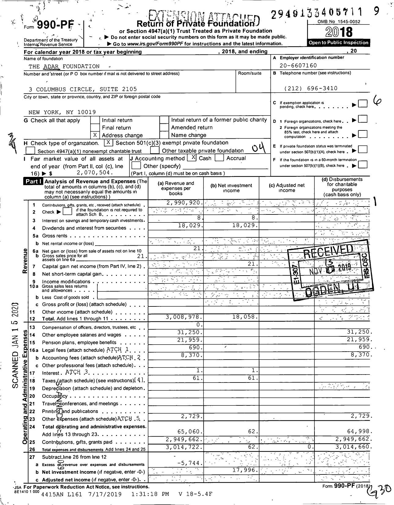 Image of first page of 2018 Form 990PF for The Adar Foundation