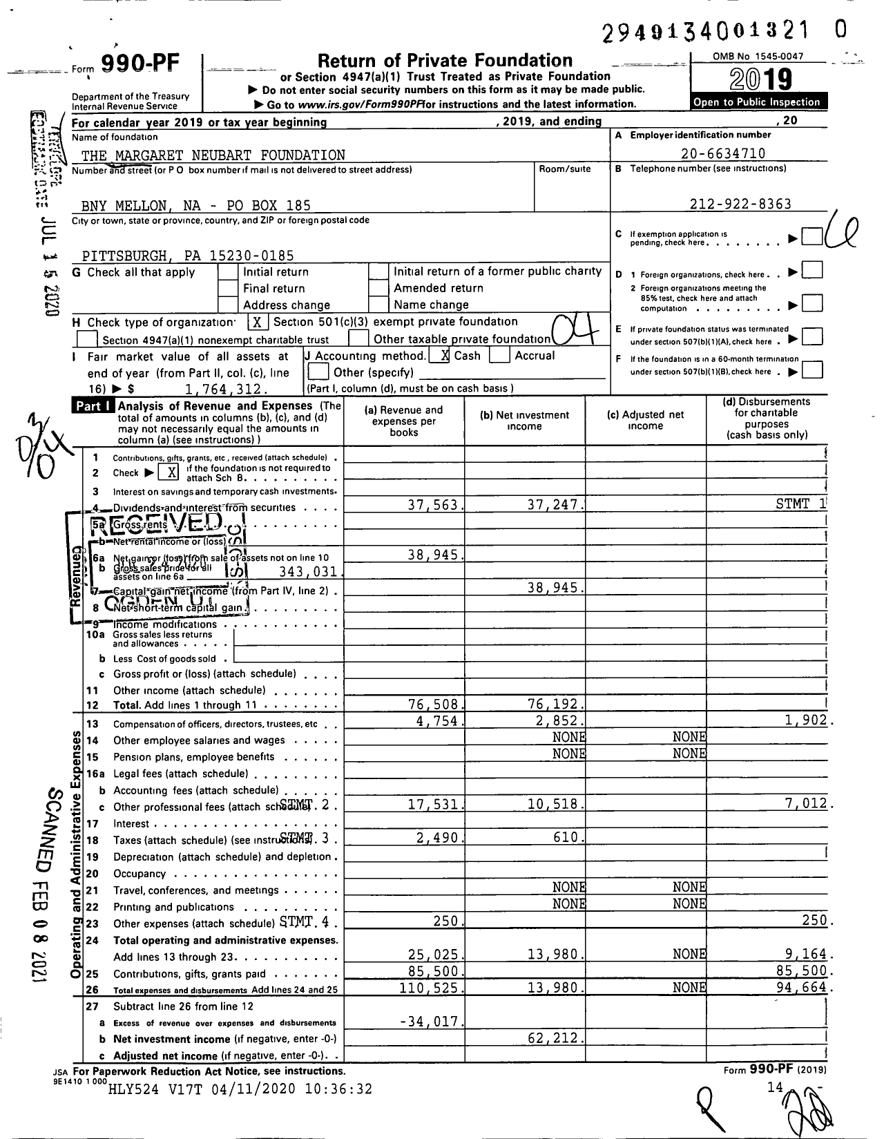 Image of first page of 2019 Form 990PF for The Margaret Neubart Foundation