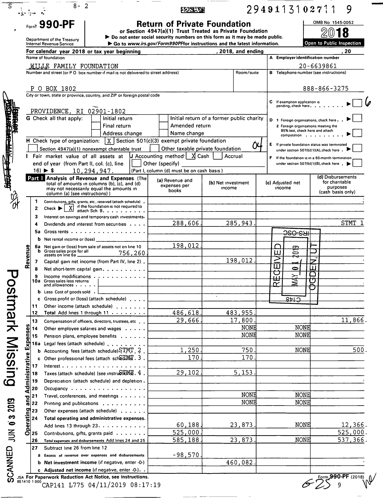 Image of first page of 2018 Form 990PF for Wille Family Foundation