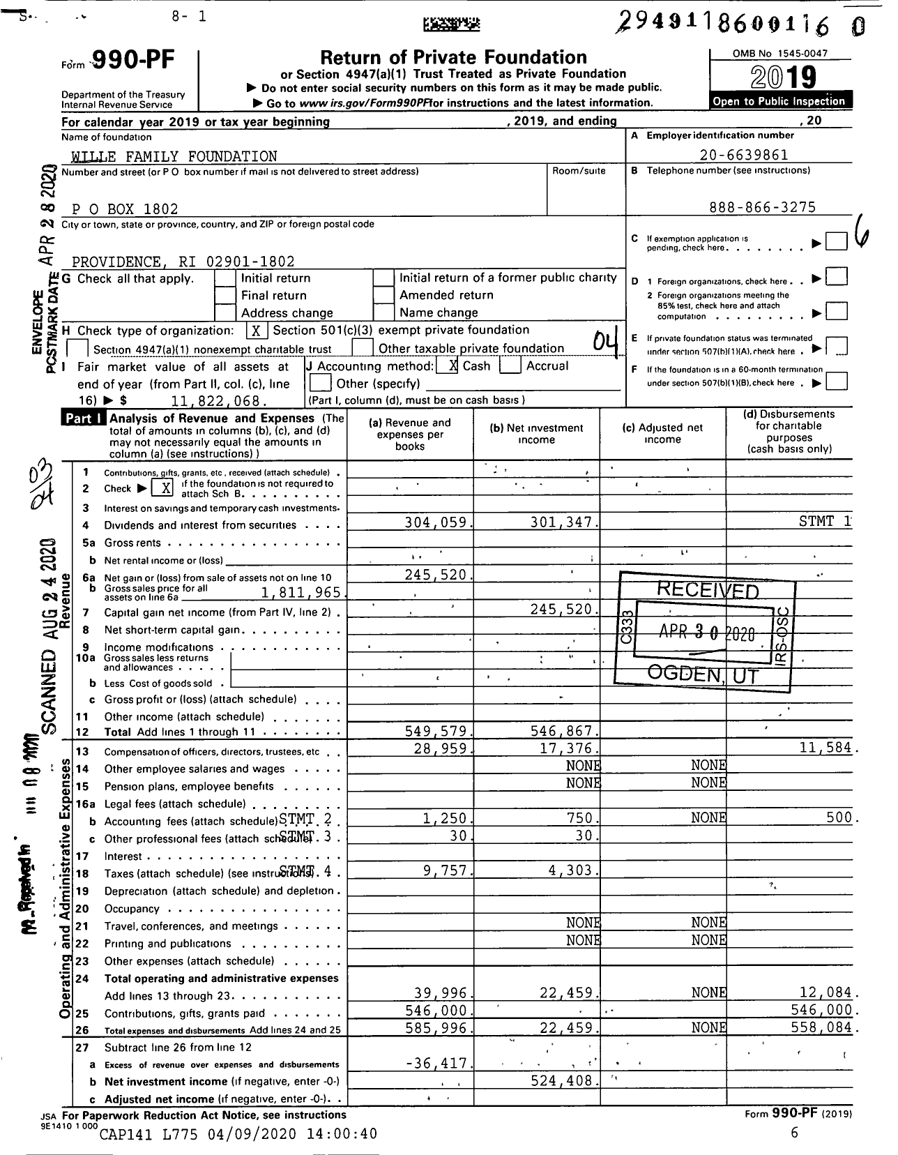 Image of first page of 2019 Form 990PR for Wille Family Foundation