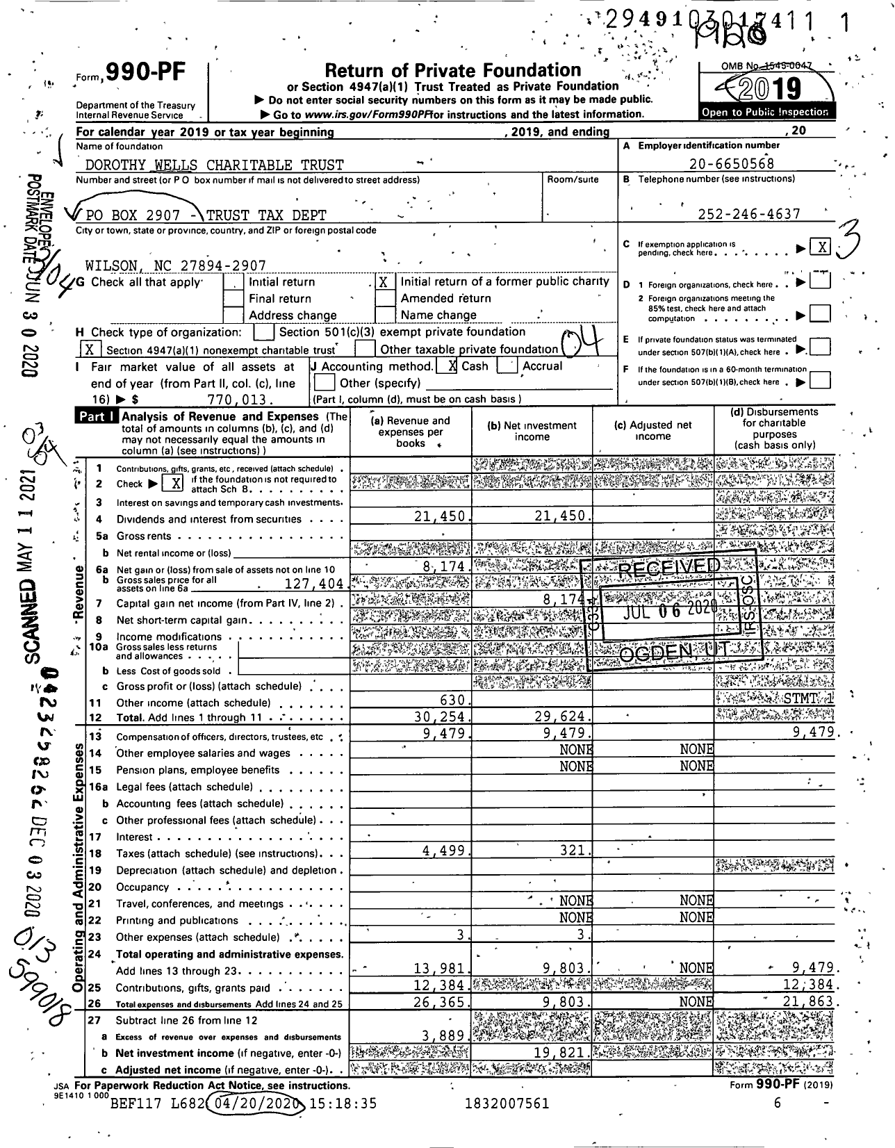 Image of first page of 2019 Form 990PF for Dorothy Wells Charitable Trust