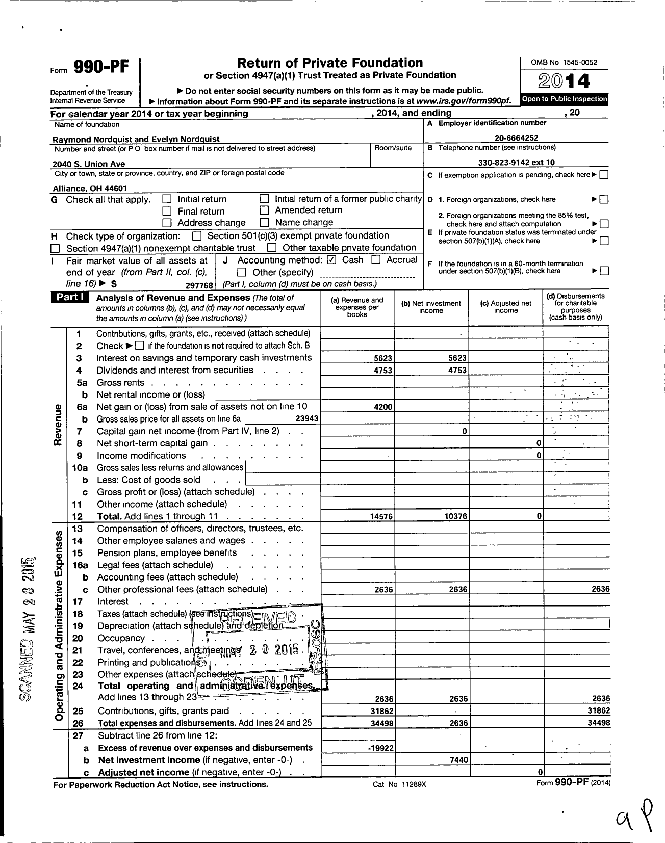 Image of first page of 2014 Form 990PF for Raymond Nordquist and Evelyn Nordquist