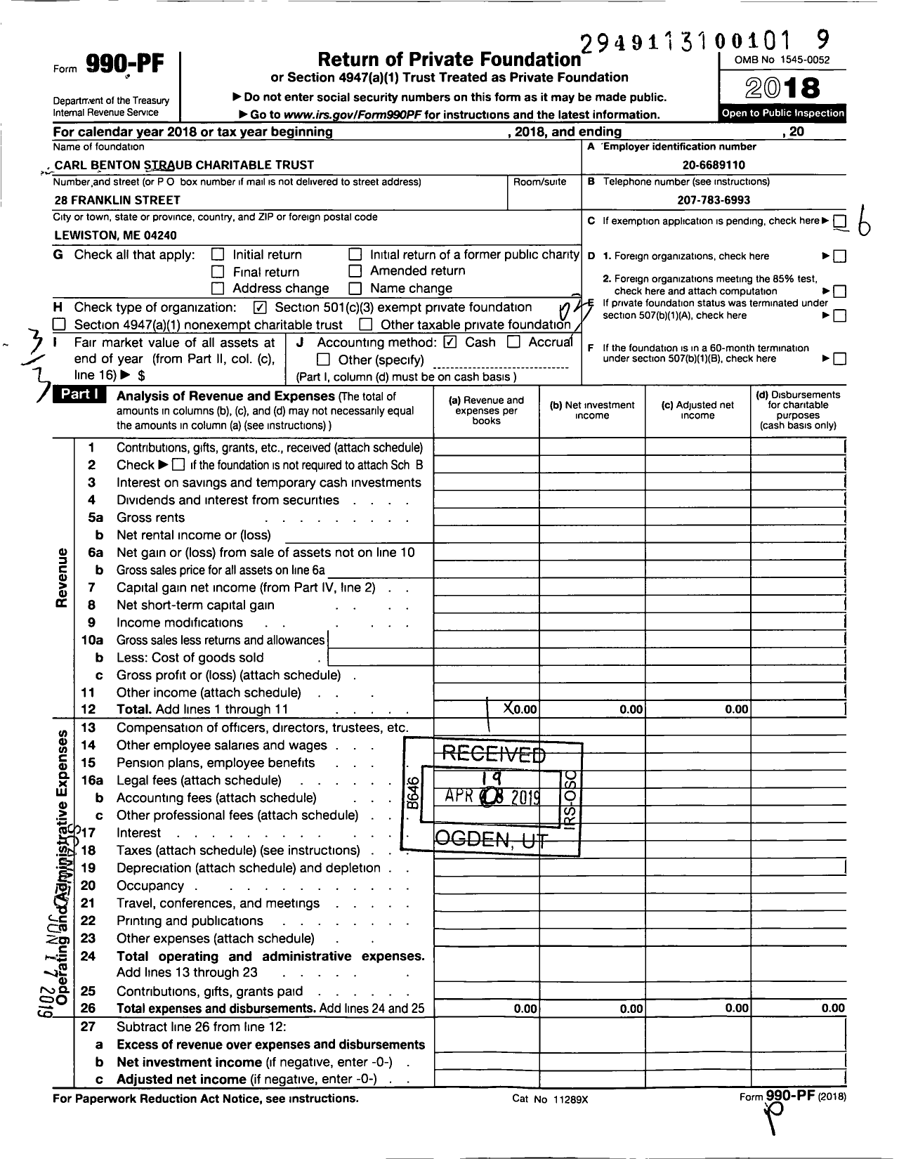 Image of first page of 2018 Form 990PF for Carl Benton Straub Charitable Trust