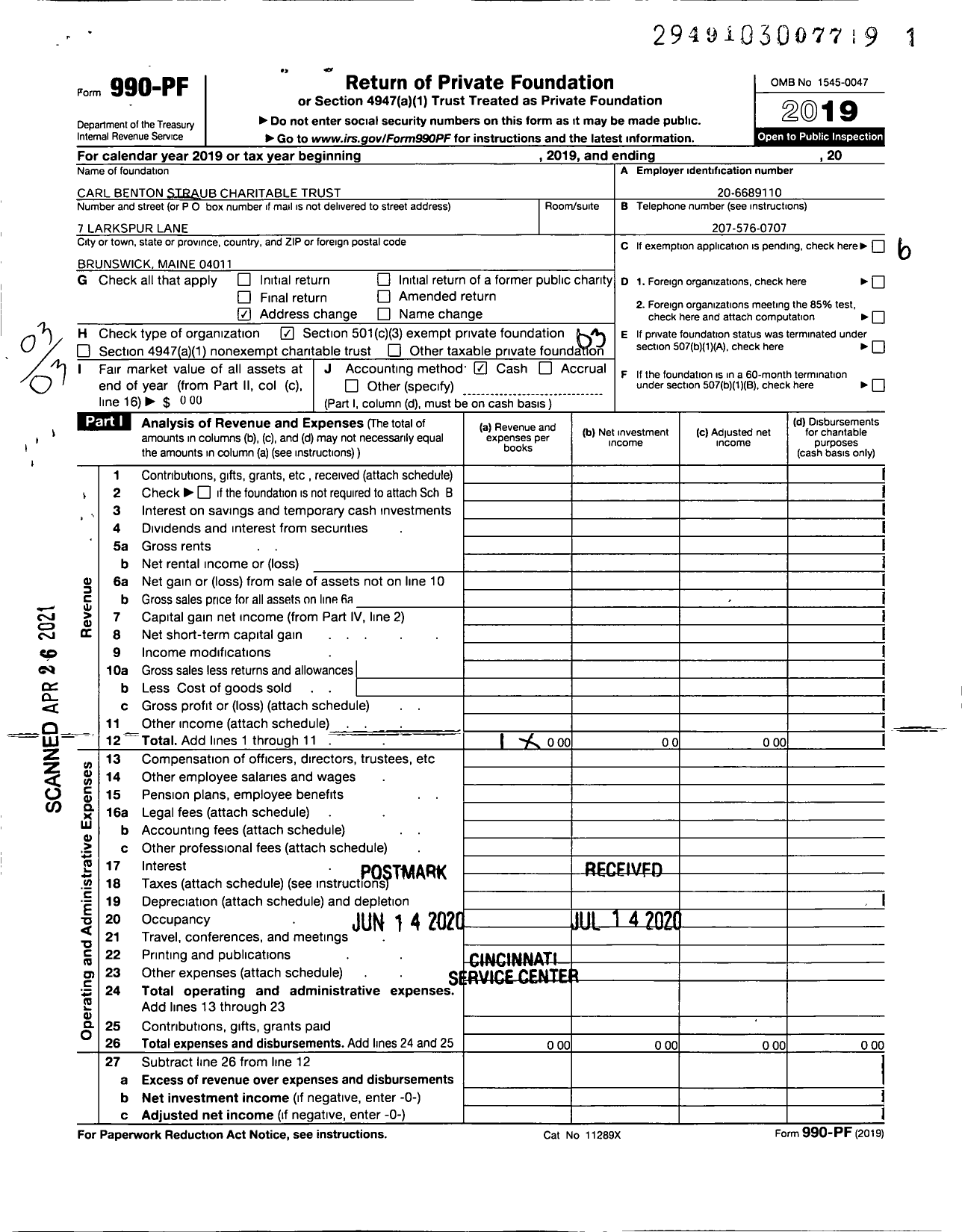 Image of first page of 2019 Form 990PF for Carl Benton Straub Charitable Trust