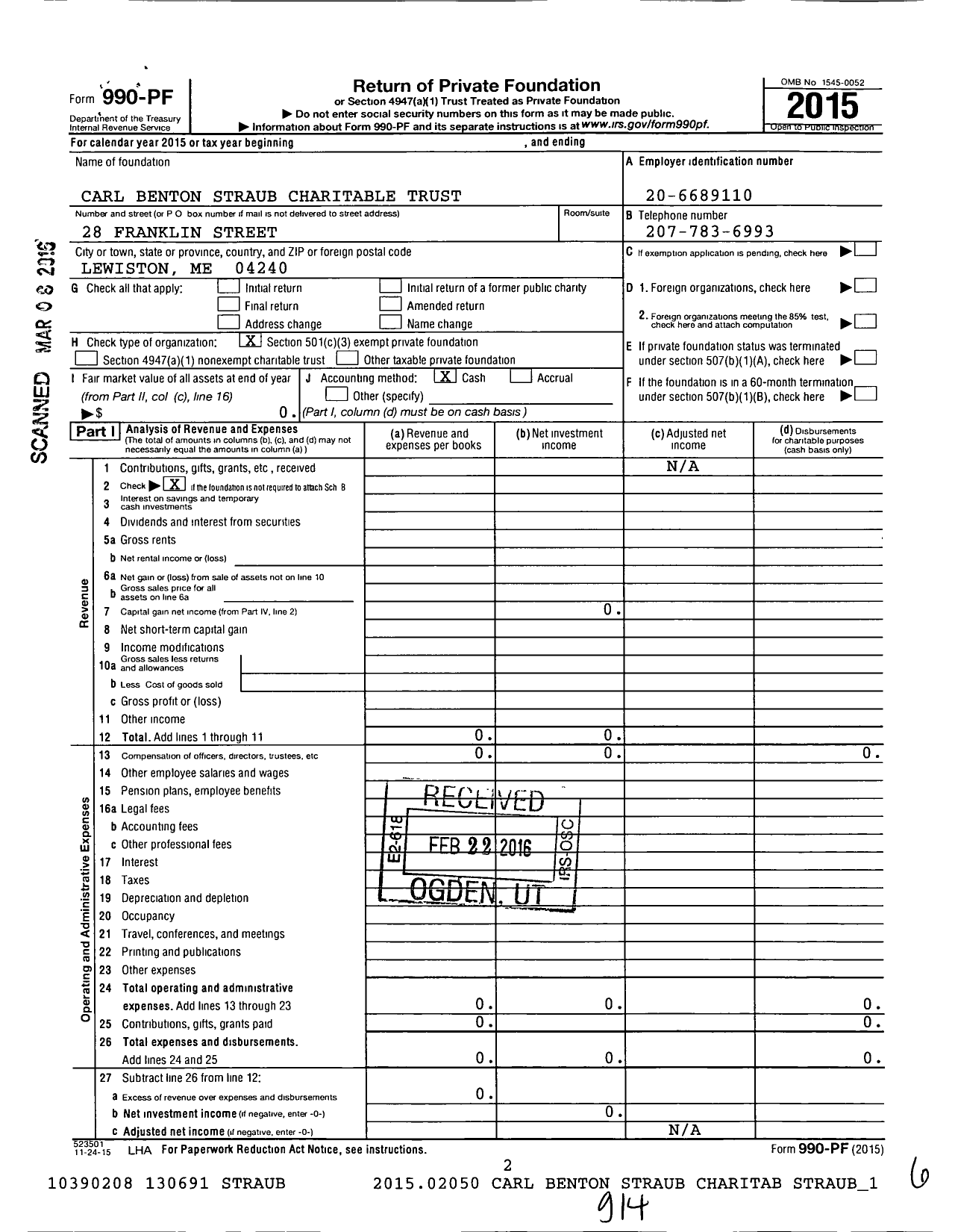 Image of first page of 2015 Form 990PF for Carl Benton Straub Charitable Trust