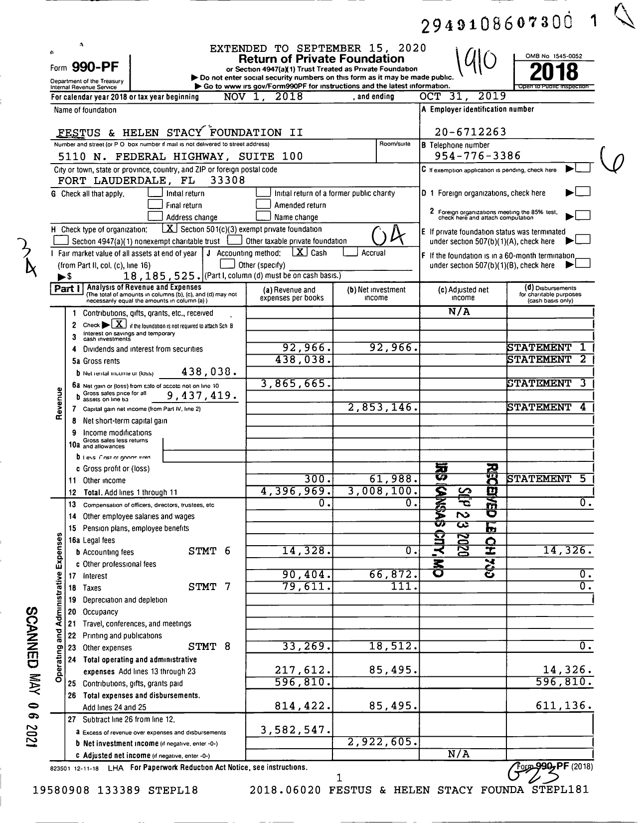 Image of first page of 2018 Form 990PF for Festus and Helen Stacy Foundation Ii