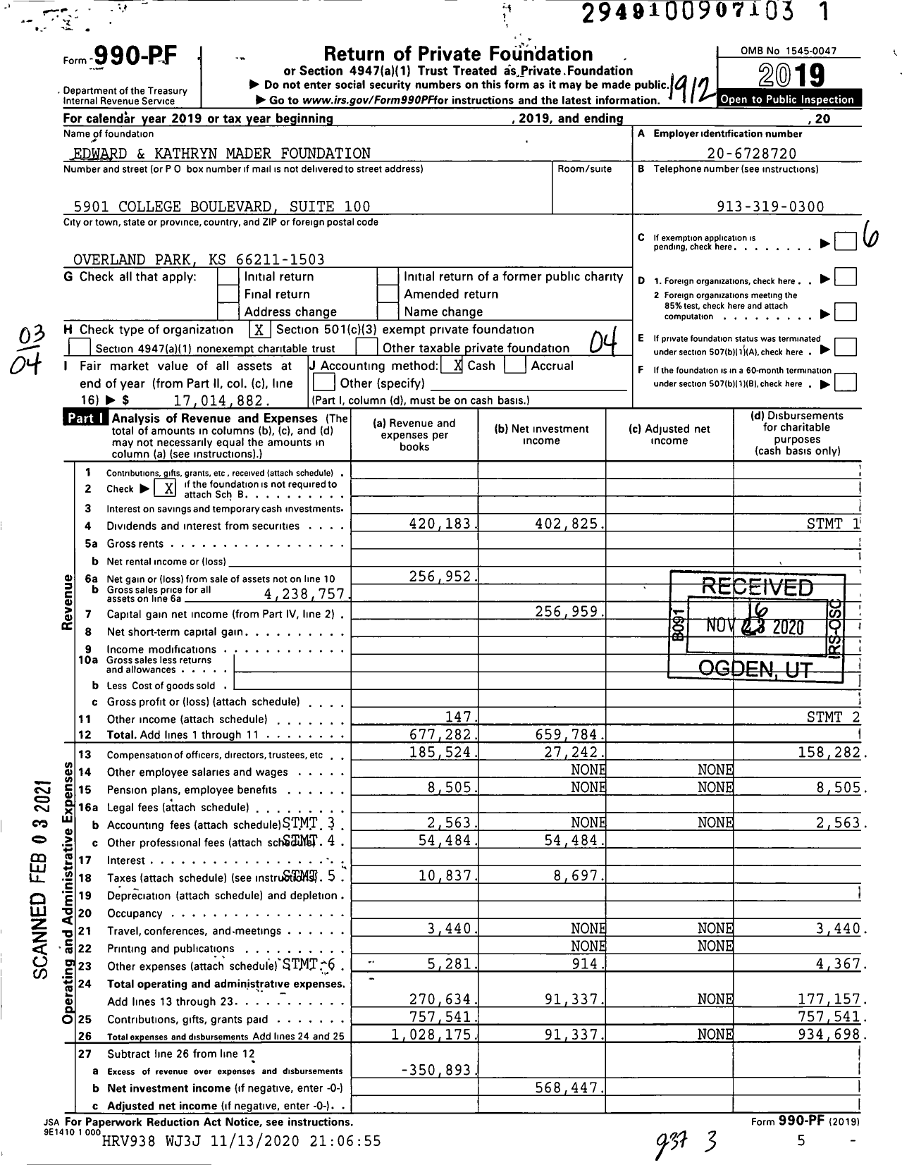 Image of first page of 2019 Form 990PF for Edward and Kathryn Mader Foundation