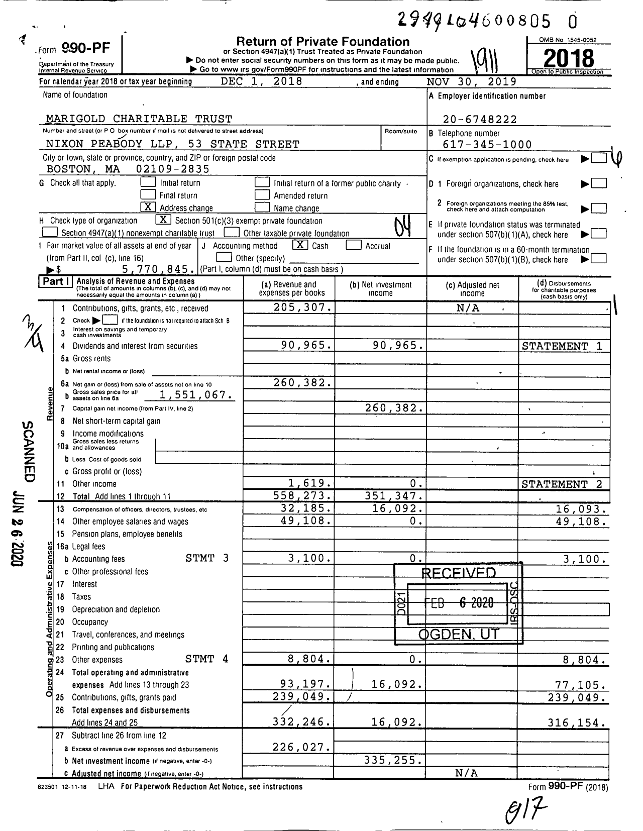 Image of first page of 2018 Form 990PR for Marigold Charitable Trust