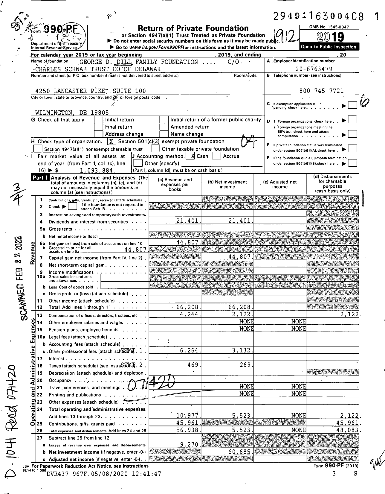 Image of first page of 2019 Form 990PF for Dill Family Foundation