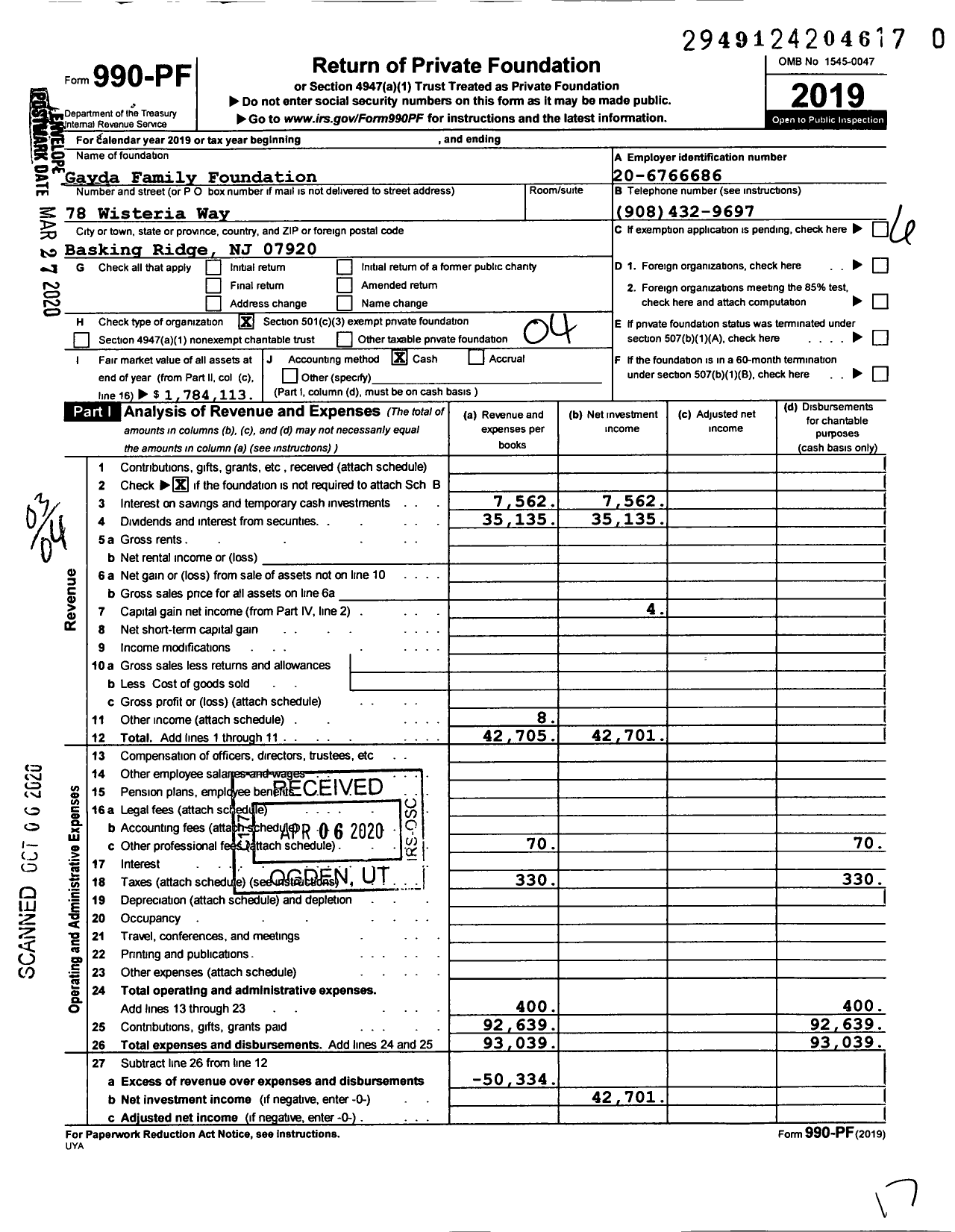 2019 Form 990 for Gayda Family Foundation Gayda Family Foundation