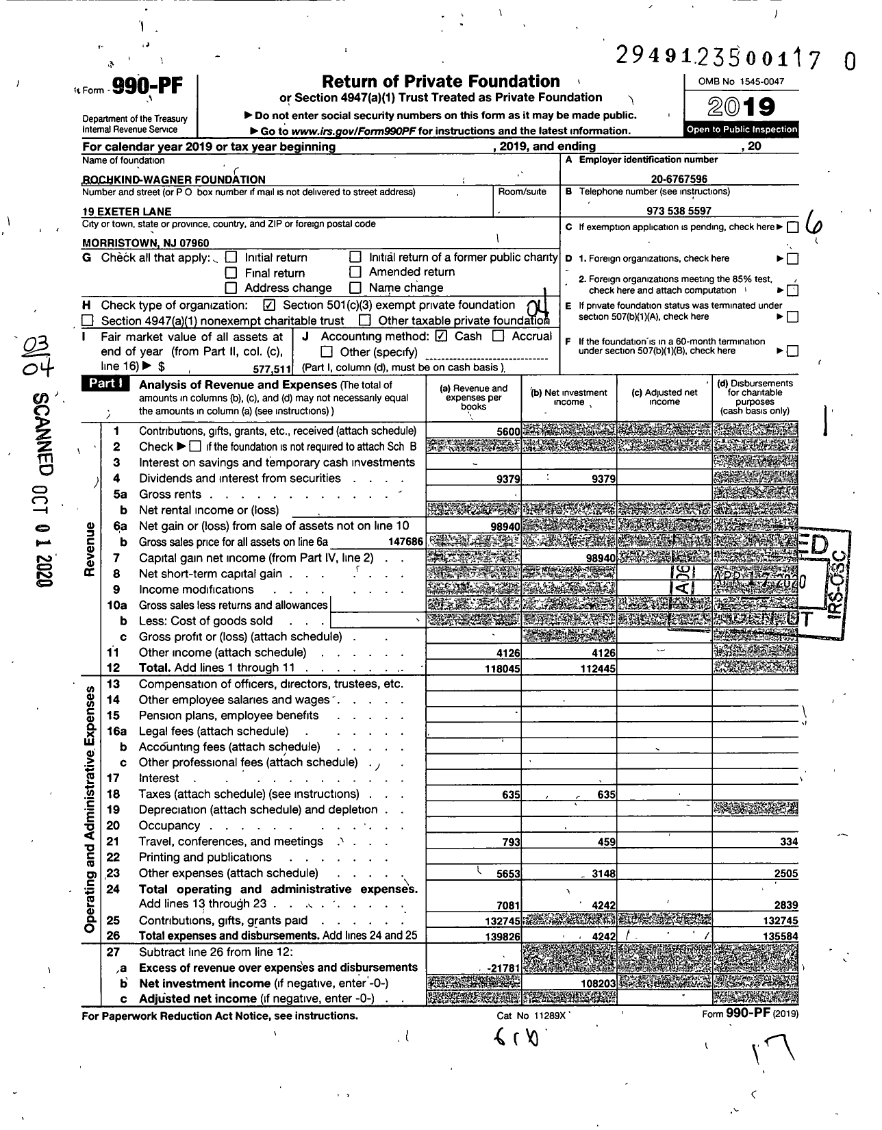 Image of first page of 2019 Form 990PR for Rochkind Wagner Foundation