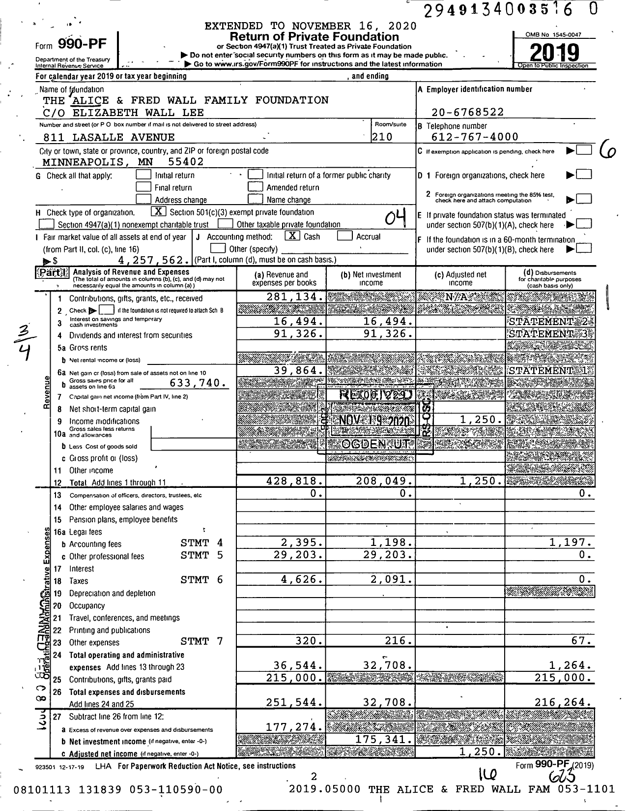 Image of first page of 2019 Form 990PF for The Alice and Fred Wall Family Foundation