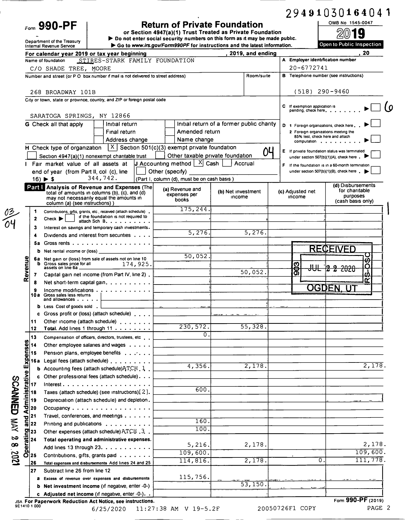 Image of first page of 2019 Form 990PF for Stires-Stark Family Foundation