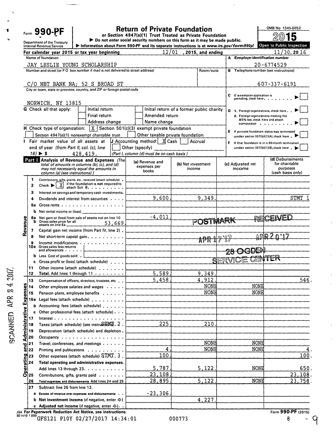 Image of first page of 2015 Form 990PF for Jay Leslie Young Scholarship