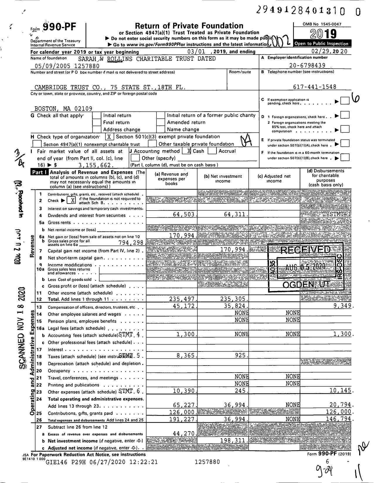 Image of first page of 2019 Form 990PF for Sarah W Rollins Charitable Trust Dated