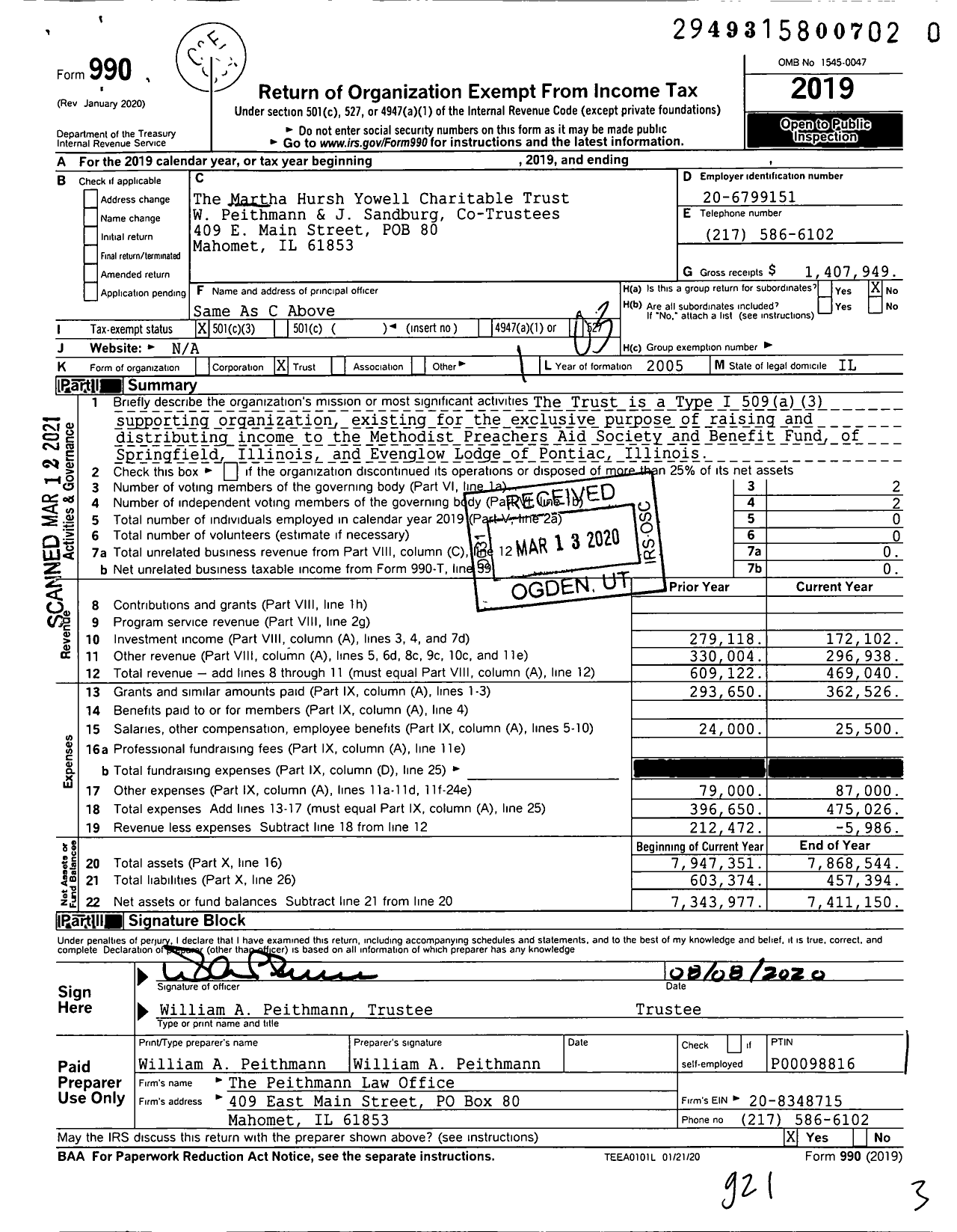 Image of first page of 2019 Form 990 for The Martha Hursh Yowell Charitable Trust W Peithmann Sole Trustee