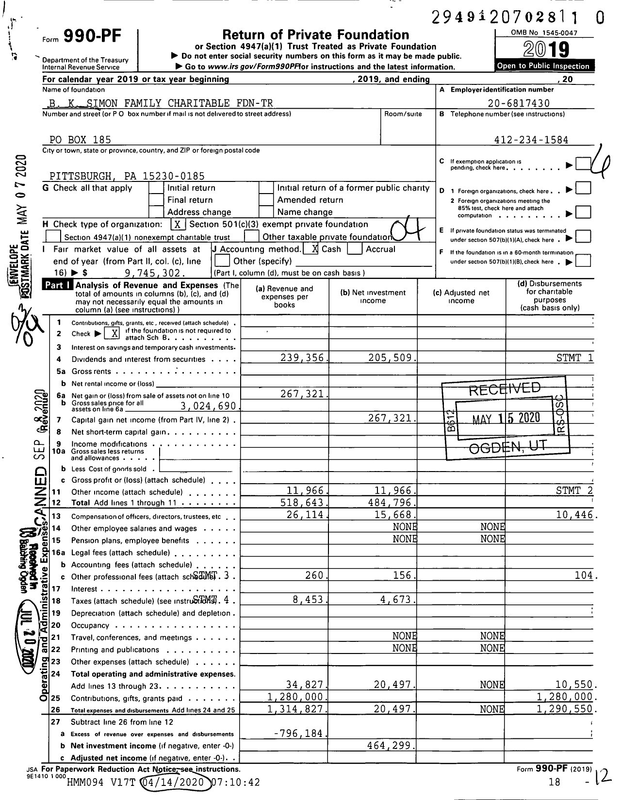 Image of first page of 2019 Form 990PR for B K Simon Family Charitable FDN-TR