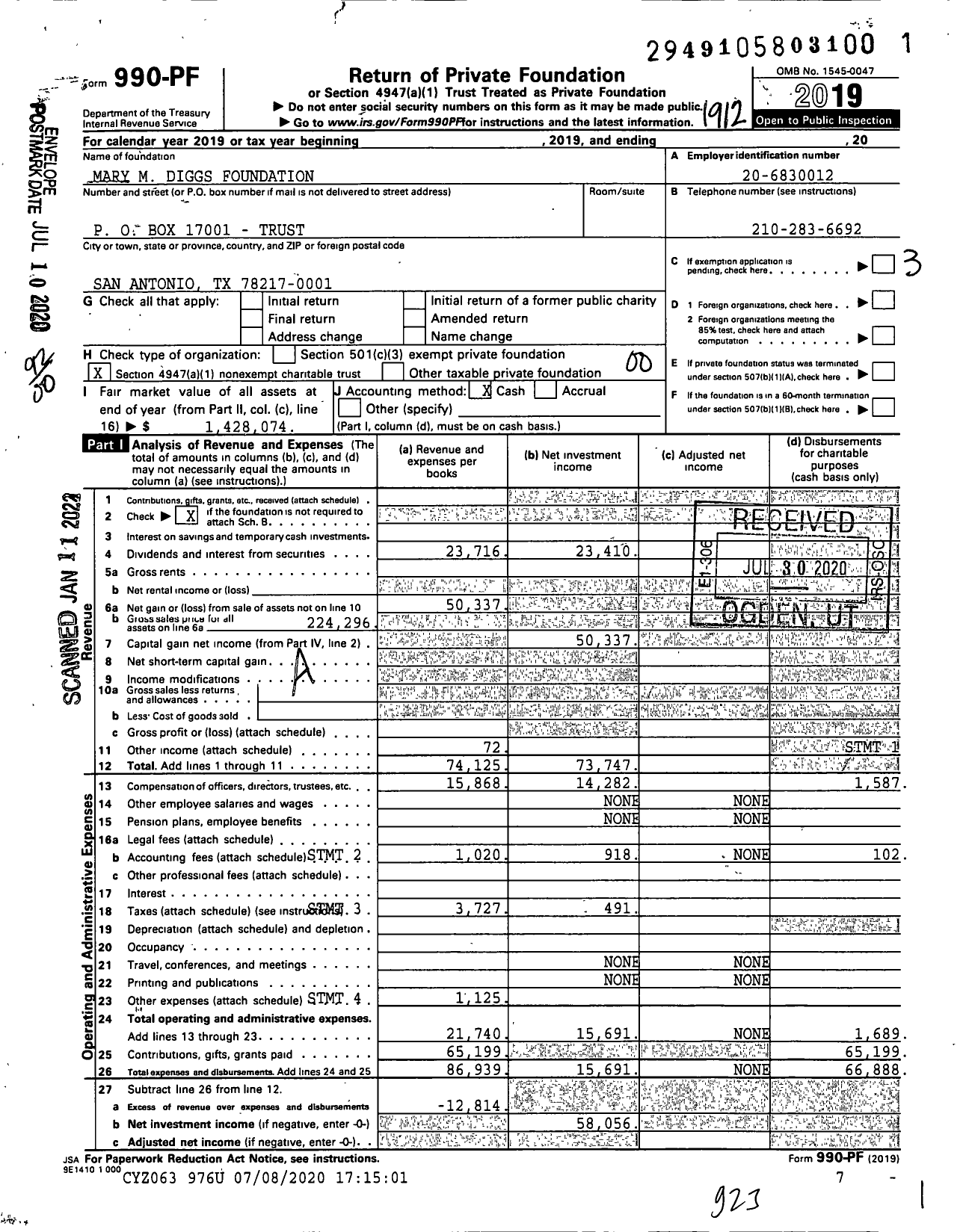 Image of first page of 2019 Form 990PF for Mary M Diggs Foundation