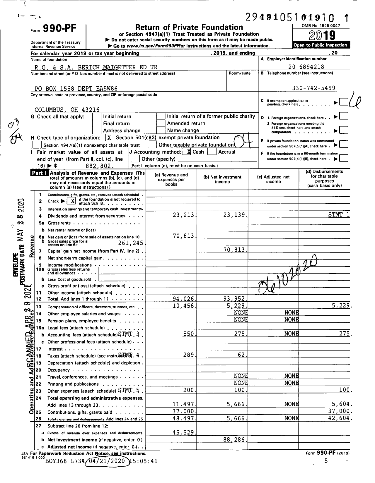 Image of first page of 2019 Form 990PF for RG and Sa Berich Maigetter Ed Trust