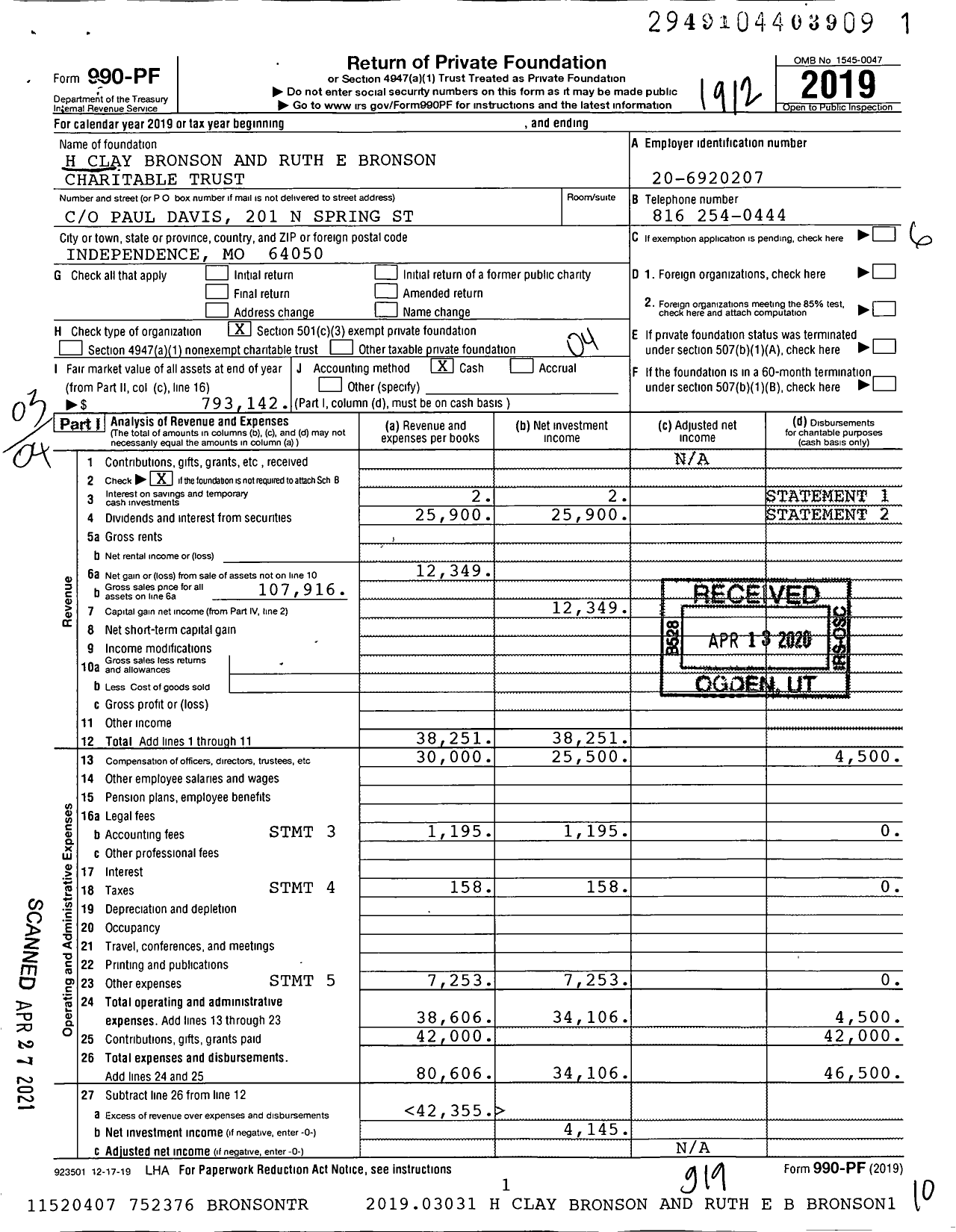 Image of first page of 2019 Form 990PF for H Clay Bronson and Ruth E Bronson Charitable Trust