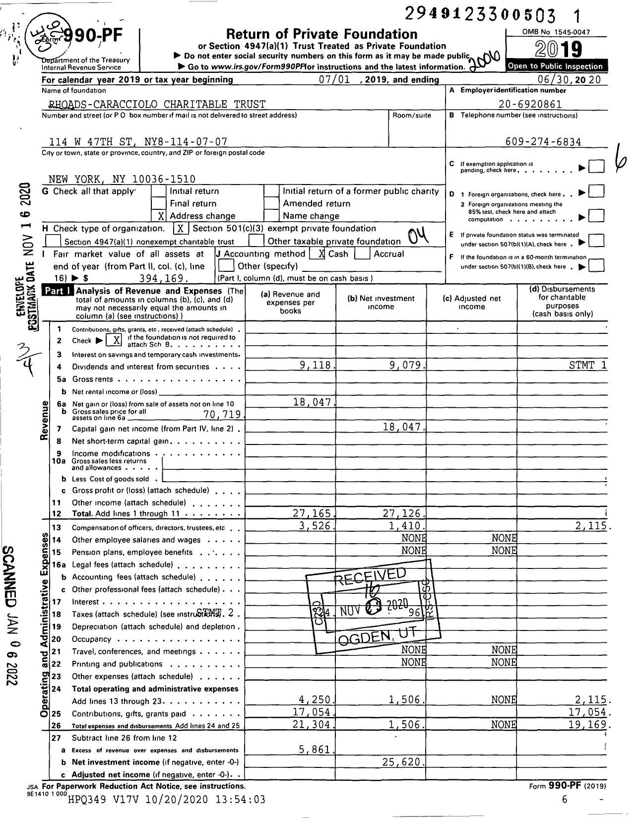 Image of first page of 2019 Form 990PF for Rhoads-Caracciolo Charitable Trust