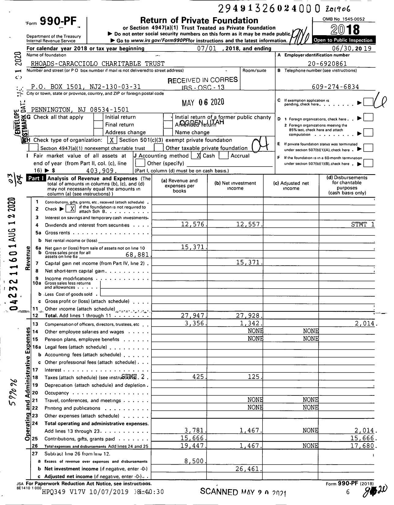 Image of first page of 2018 Form 990PF for Rhoads-Caracciolo Charitable Trust