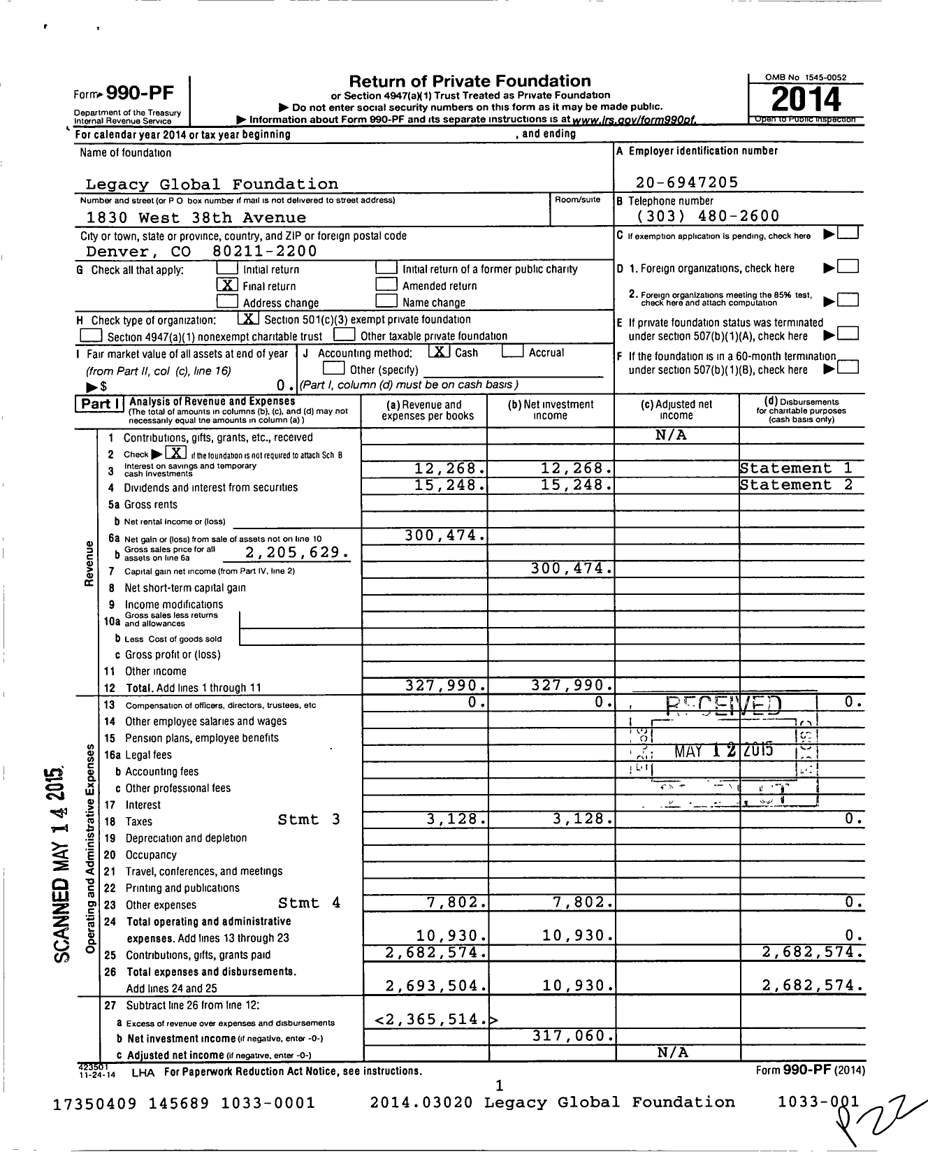 Image of first page of 2014 Form 990PF for Legacy Global Foundation / Dan Vecchiarelli Ttee