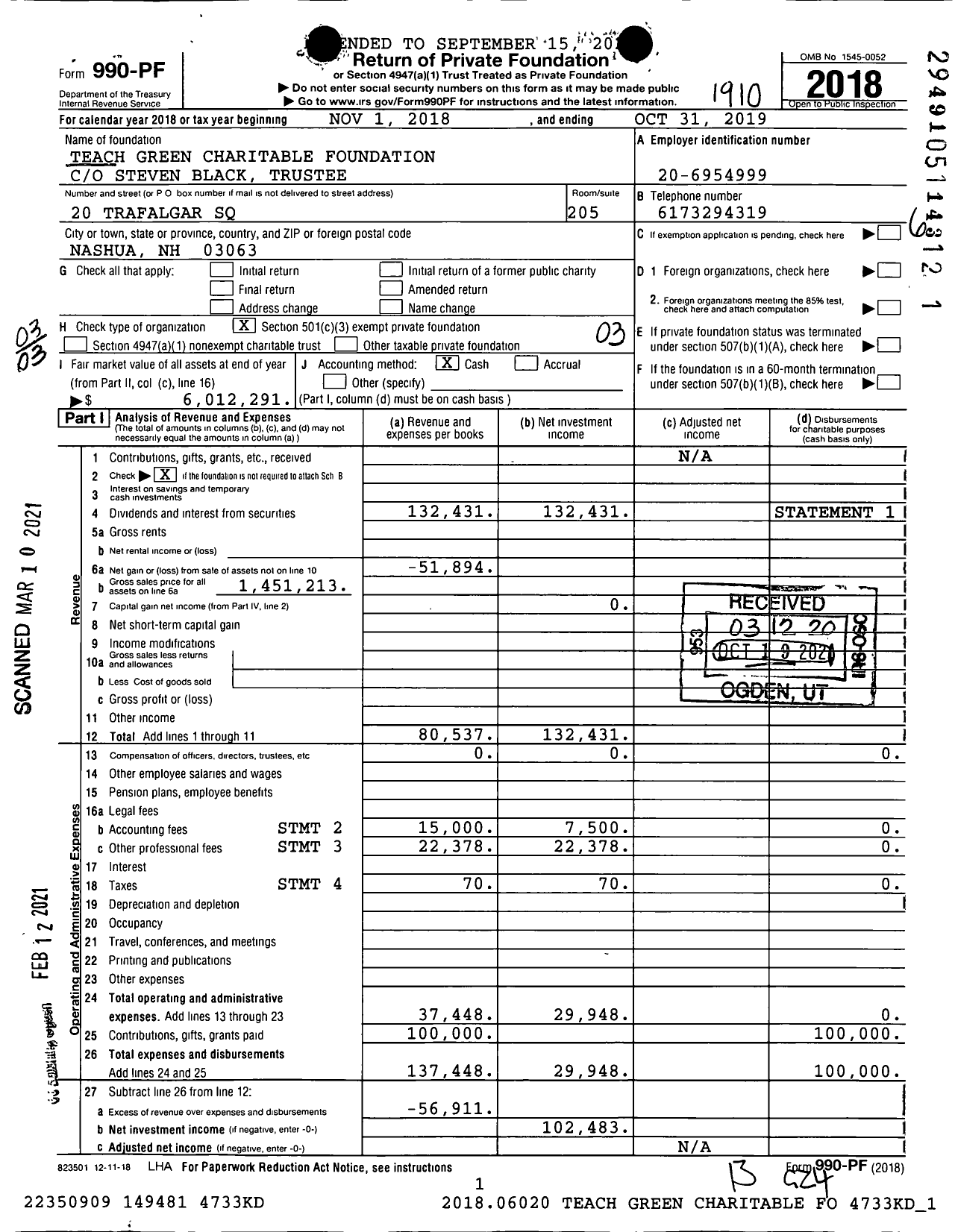 Image of first page of 2018 Form 990PF for Teach Green Charitable Foundation