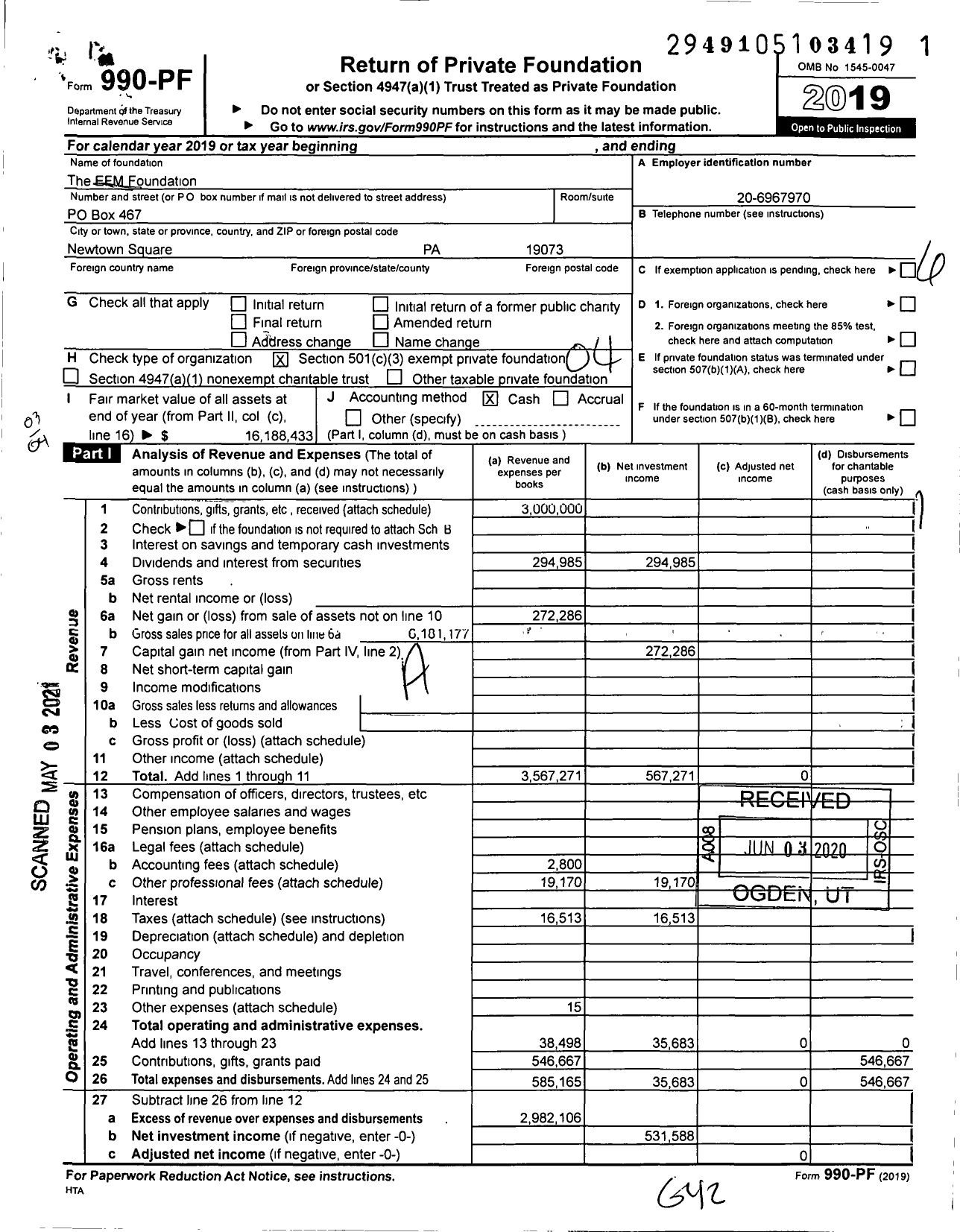 Image of first page of 2019 Form 990PF for The EFM Foundation