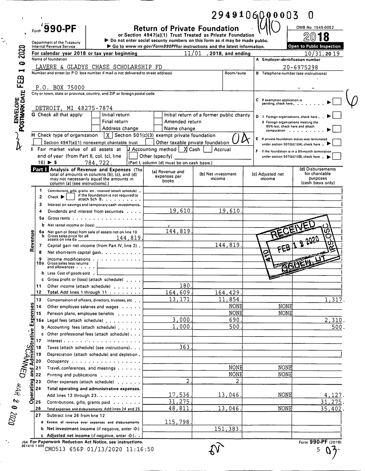 Image of first page of 2018 Form 990PR for Lavere and Gladys Chase Scholarship Fund