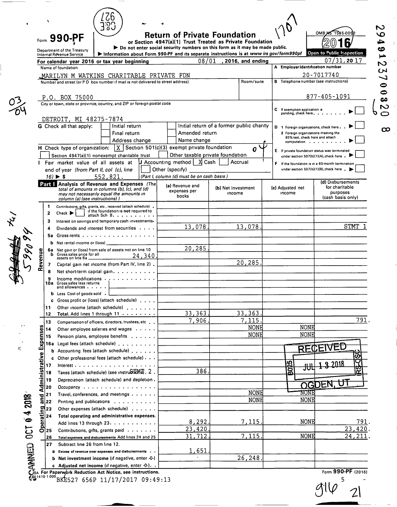 Image of first page of 2016 Form 990PF for Marilyn M Watkins Charitable Private Foundation