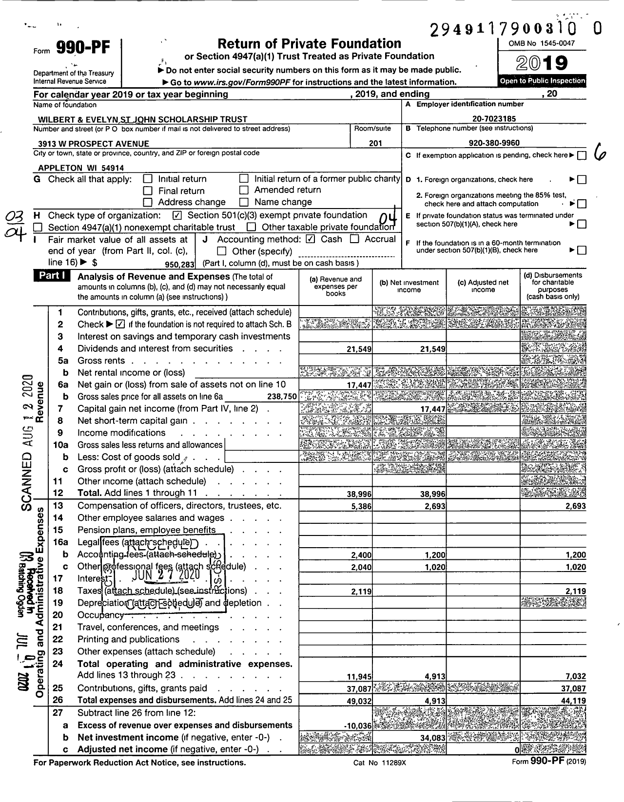 Image of first page of 2019 Form 990PR for Wilbert and Evelyn St John Education Scholarship Charitable Trust