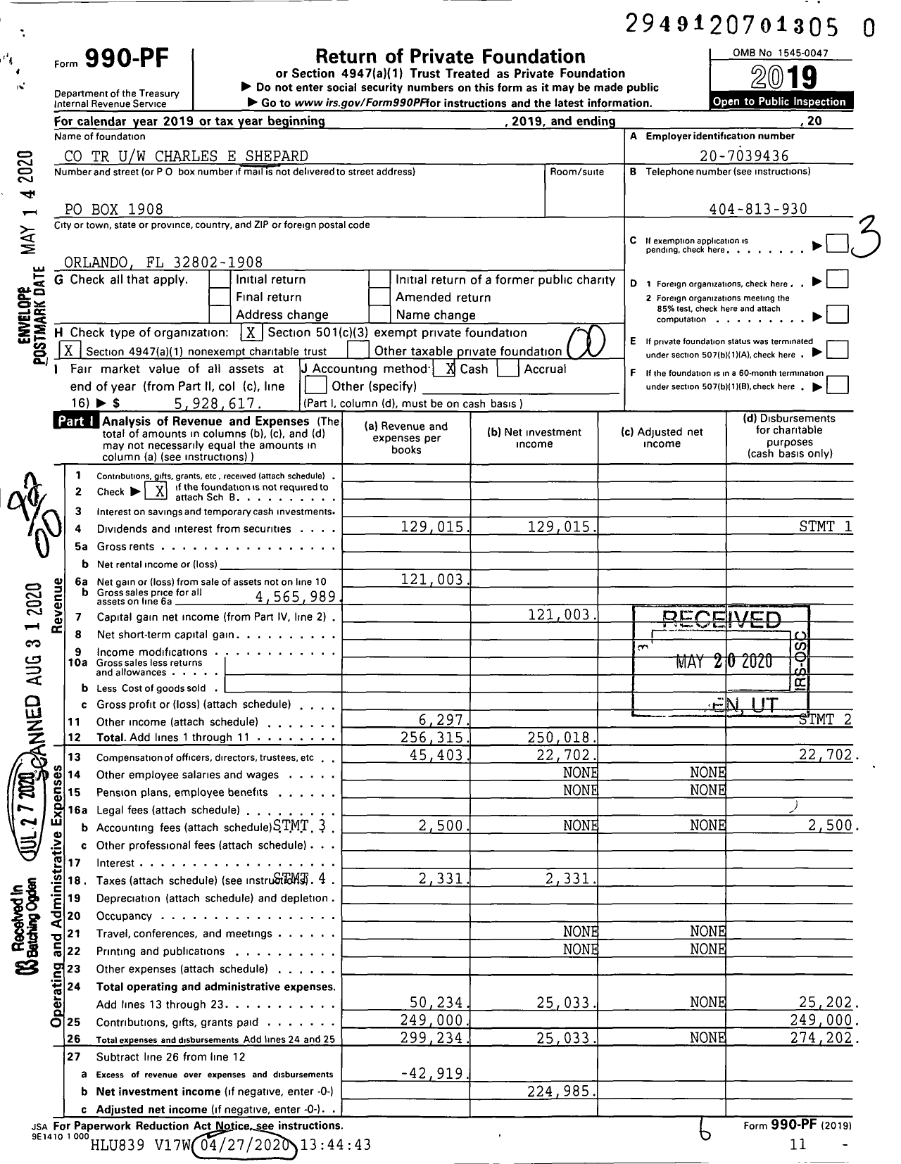 Image of first page of 2019 Form 990PR for Charles E Shepard Charitable TR Uw