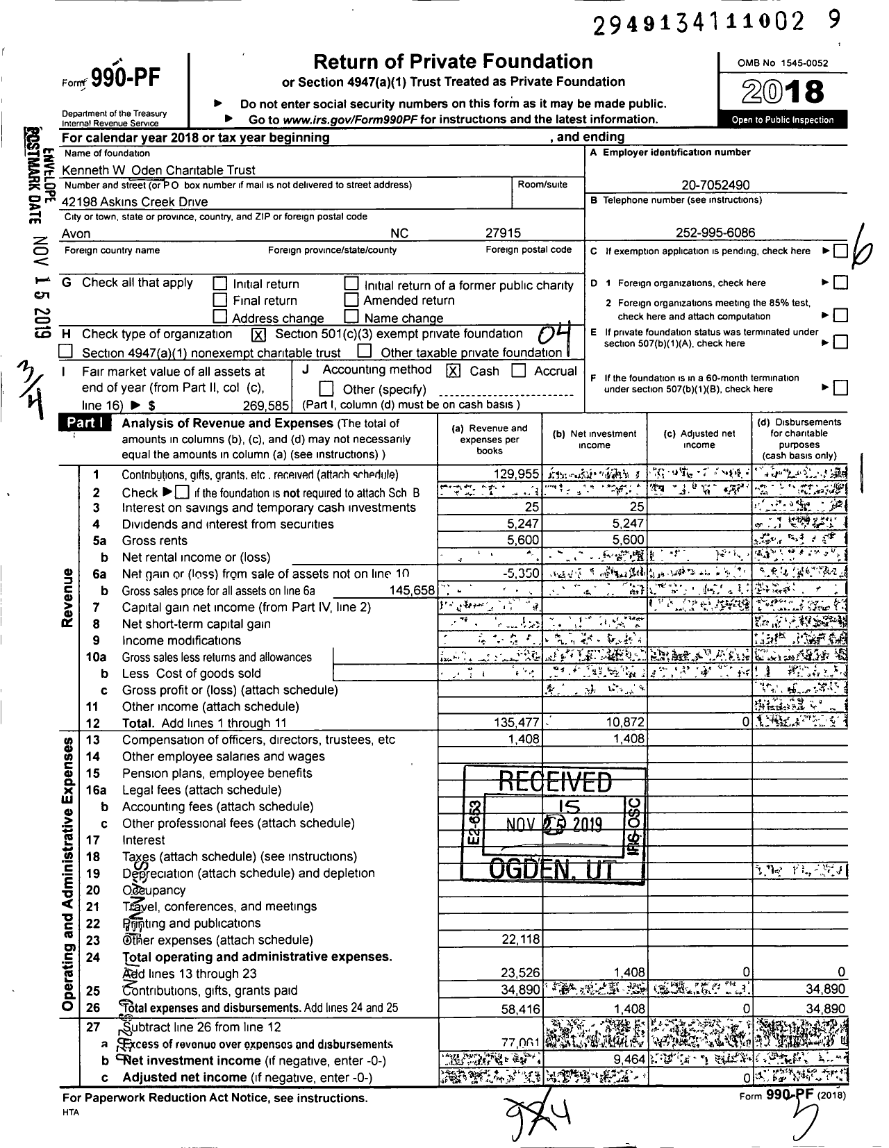 Image of first page of 2018 Form 990PF for Kenneth W Oden Charitable Trust