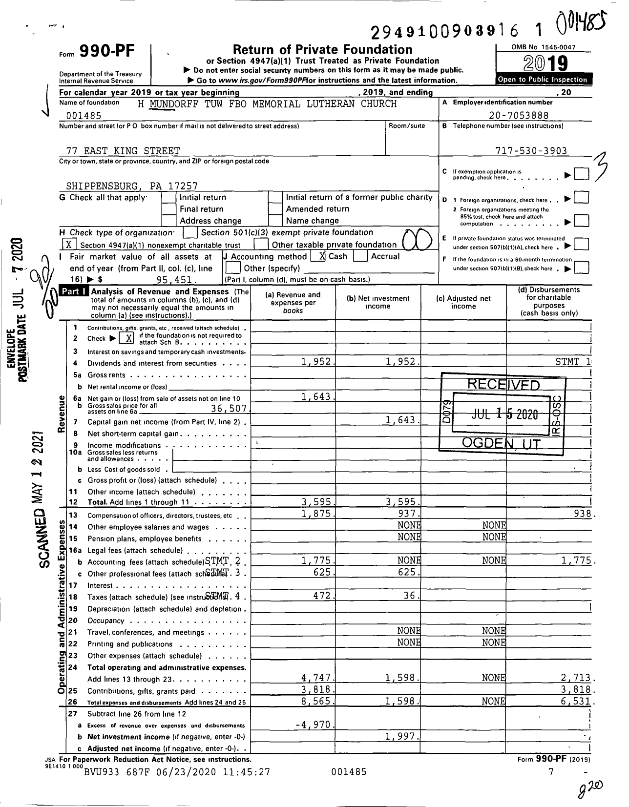 Image of first page of 2019 Form 990PF for H Mundorff Tuw Fbo Memorial Lutheran Church