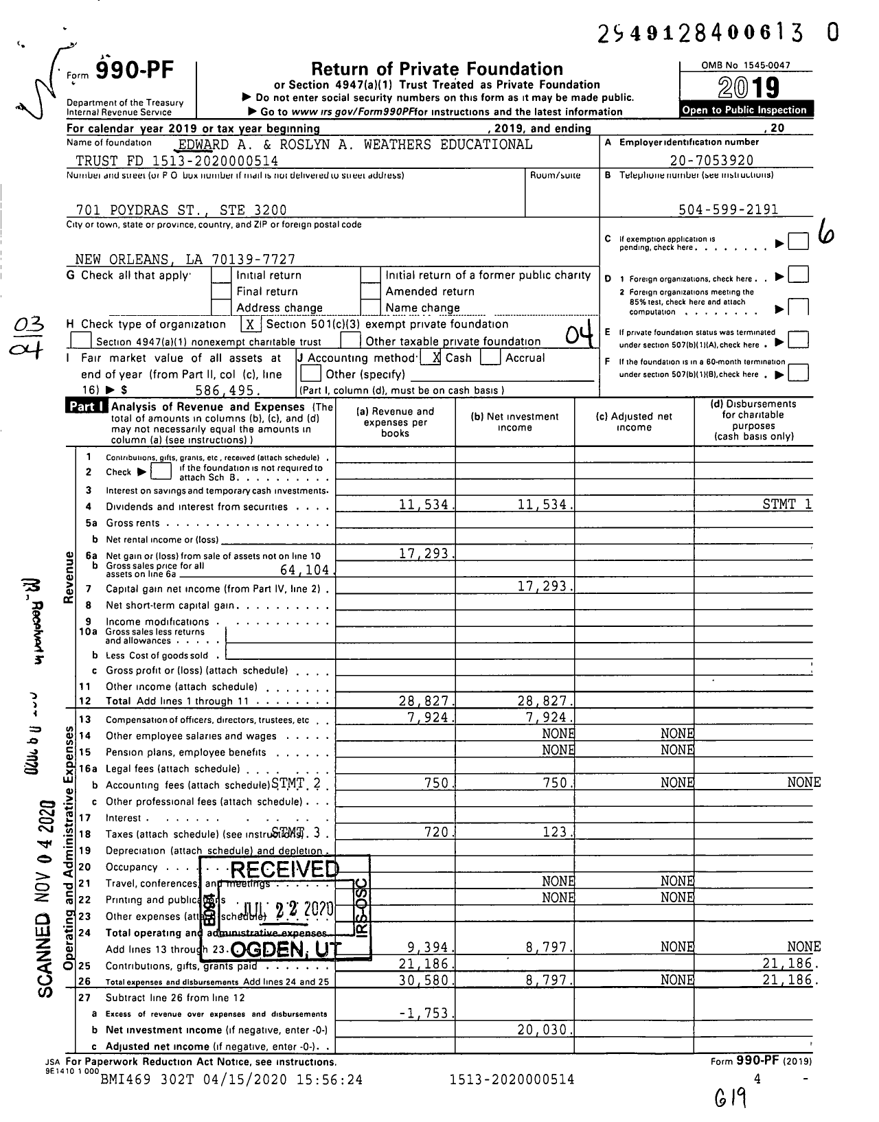 Image of first page of 2019 Form 990PF for Edward A and Roslyn A Weathers Educational Trust