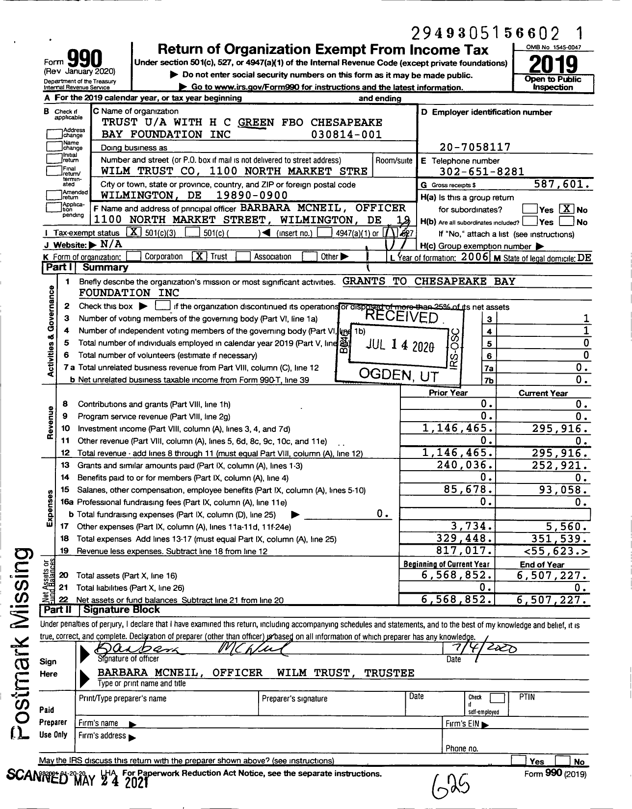 Image of first page of 2019 Form 990 for Trust with H C Green Fbo Chesapeake