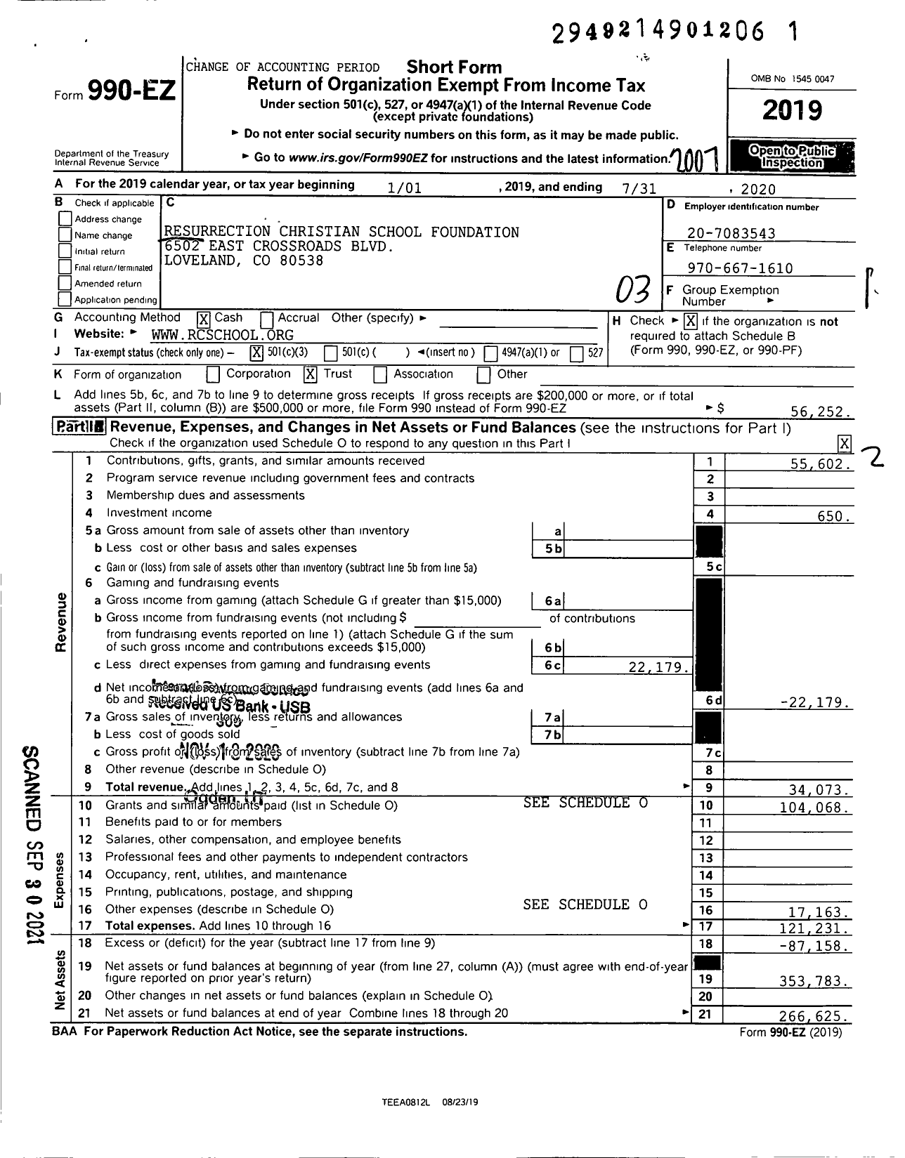 Image of first page of 2019 Form 990EZ for Resurrection Christian School Foundation