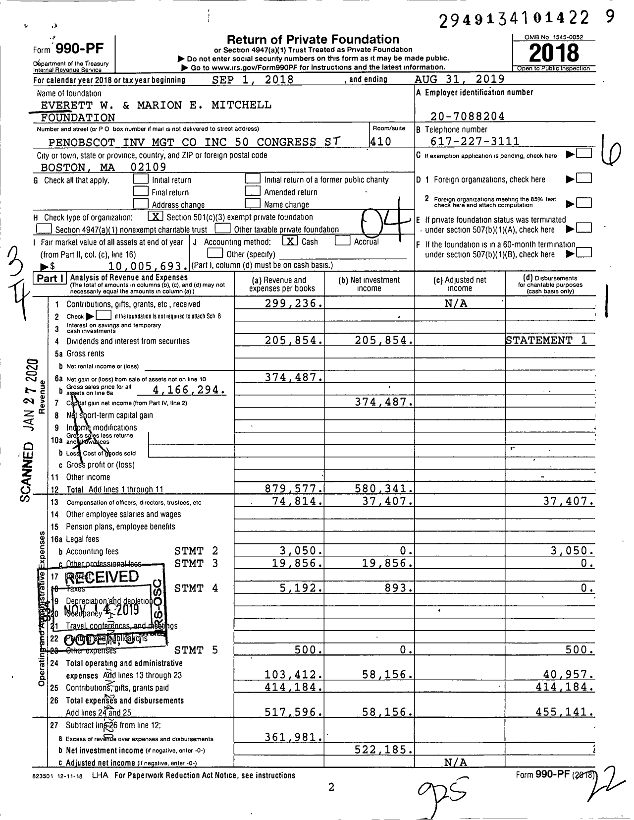 Image of first page of 2018 Form 990PF for Everett and Marion Mitchell Foundation