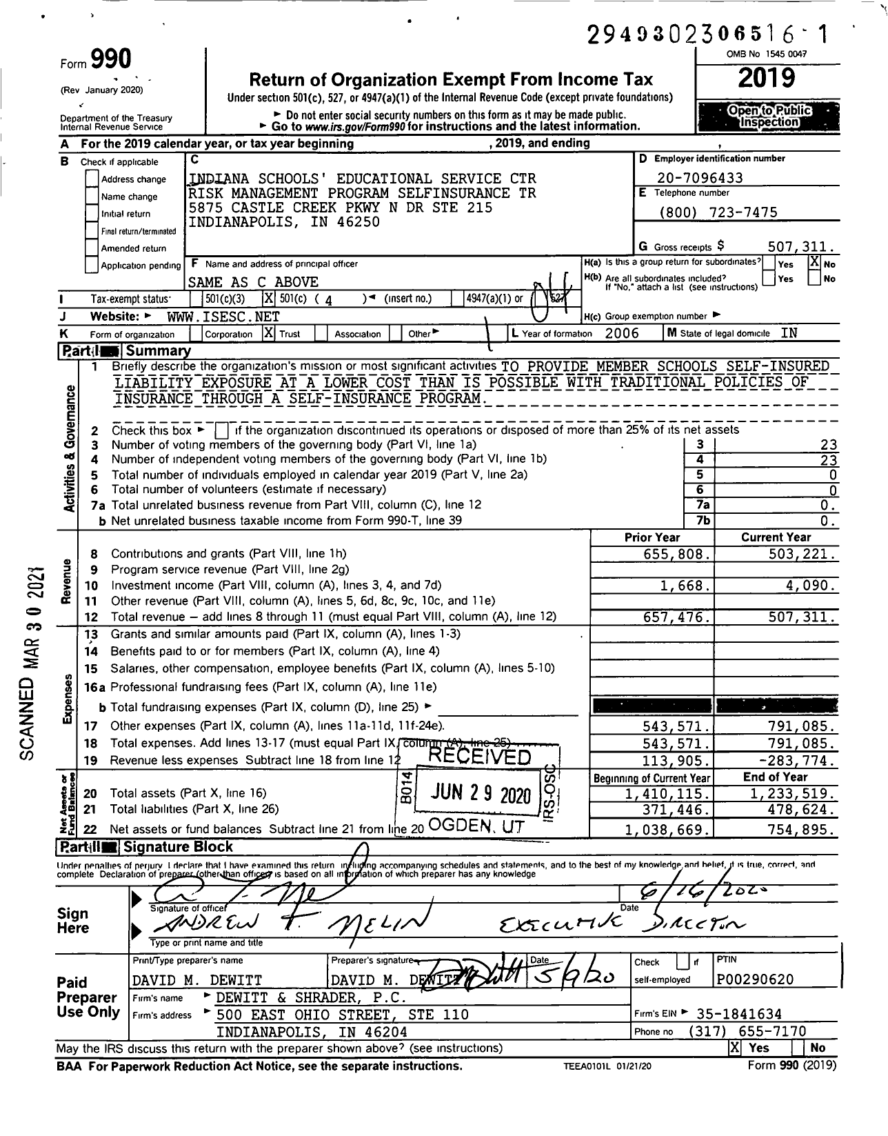 Image of first page of 2019 Form 990O for Indiana Schools Educational Service Center Risk Management Program Selfinsurance Trust